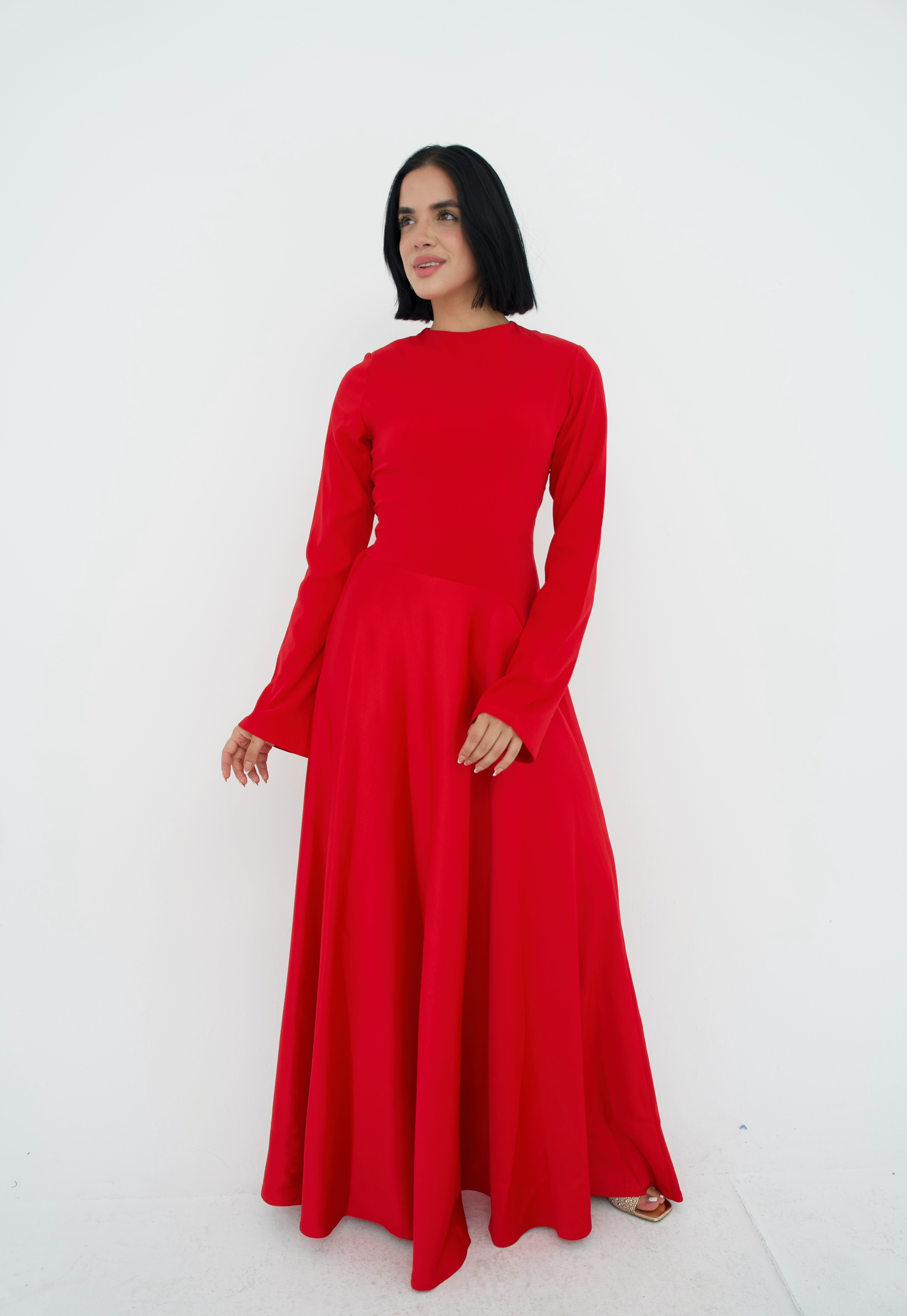 Satin half and half A-Line Dress in Red