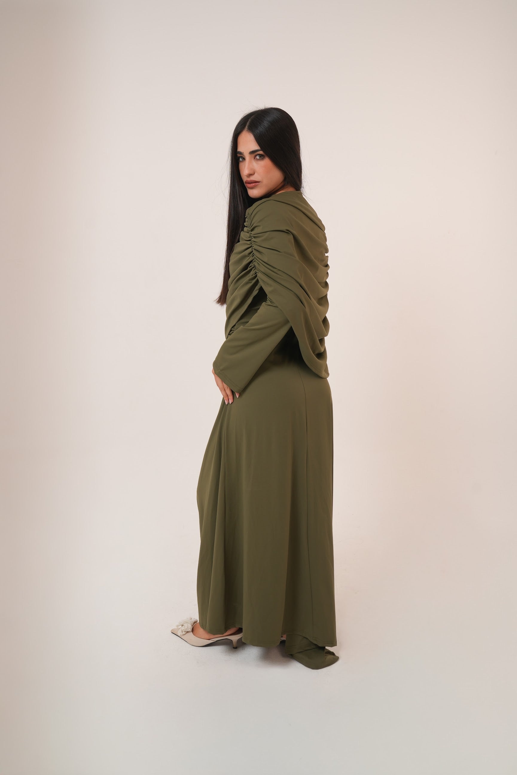 One-Side Draped Maxi Dress with Chest Cover in Olive