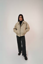 Load image into Gallery viewer, Vintage Croc-Texture Faux Leather Bomber Jacket in Beige

