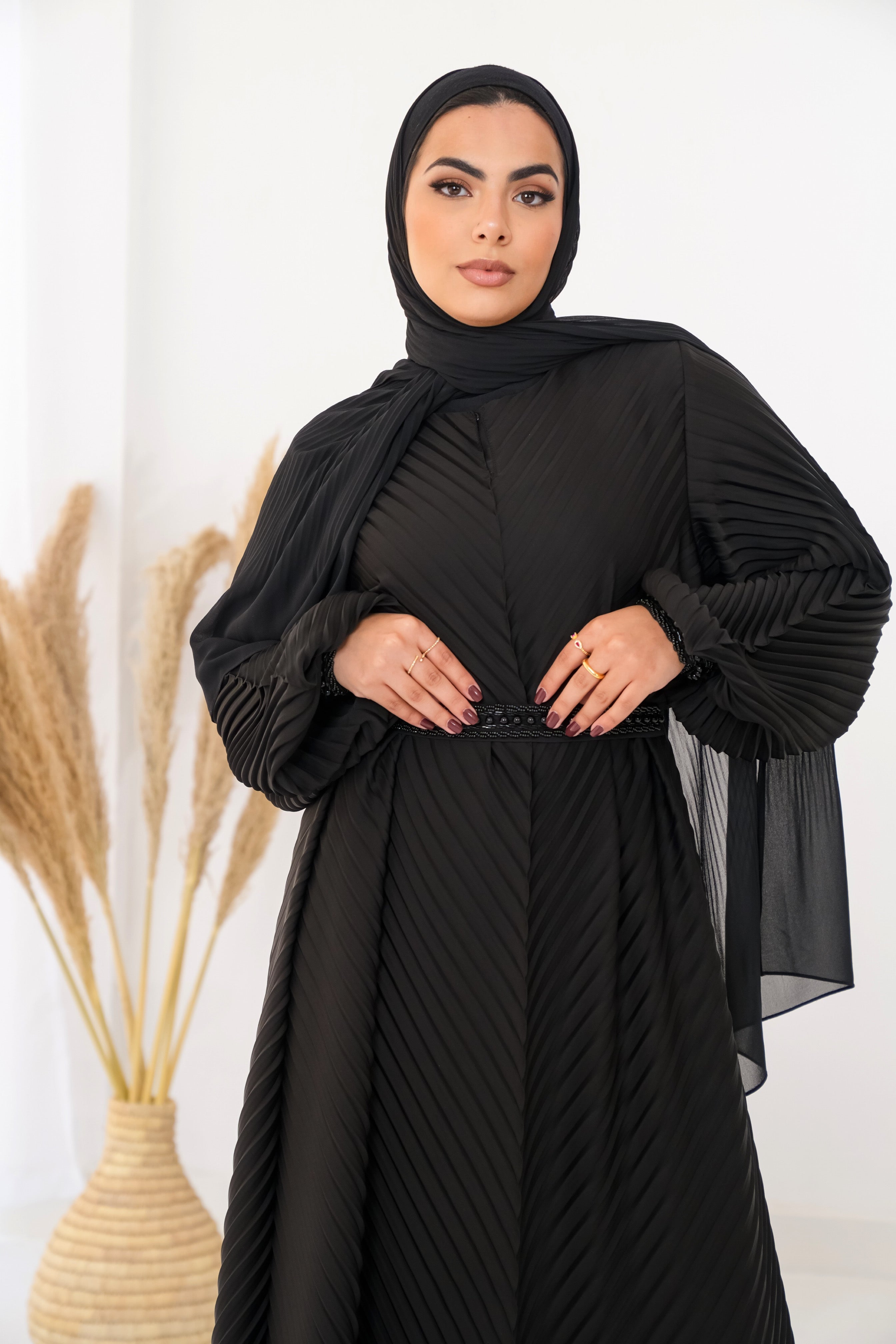 Black Plisse Abaya Embroidered with belt