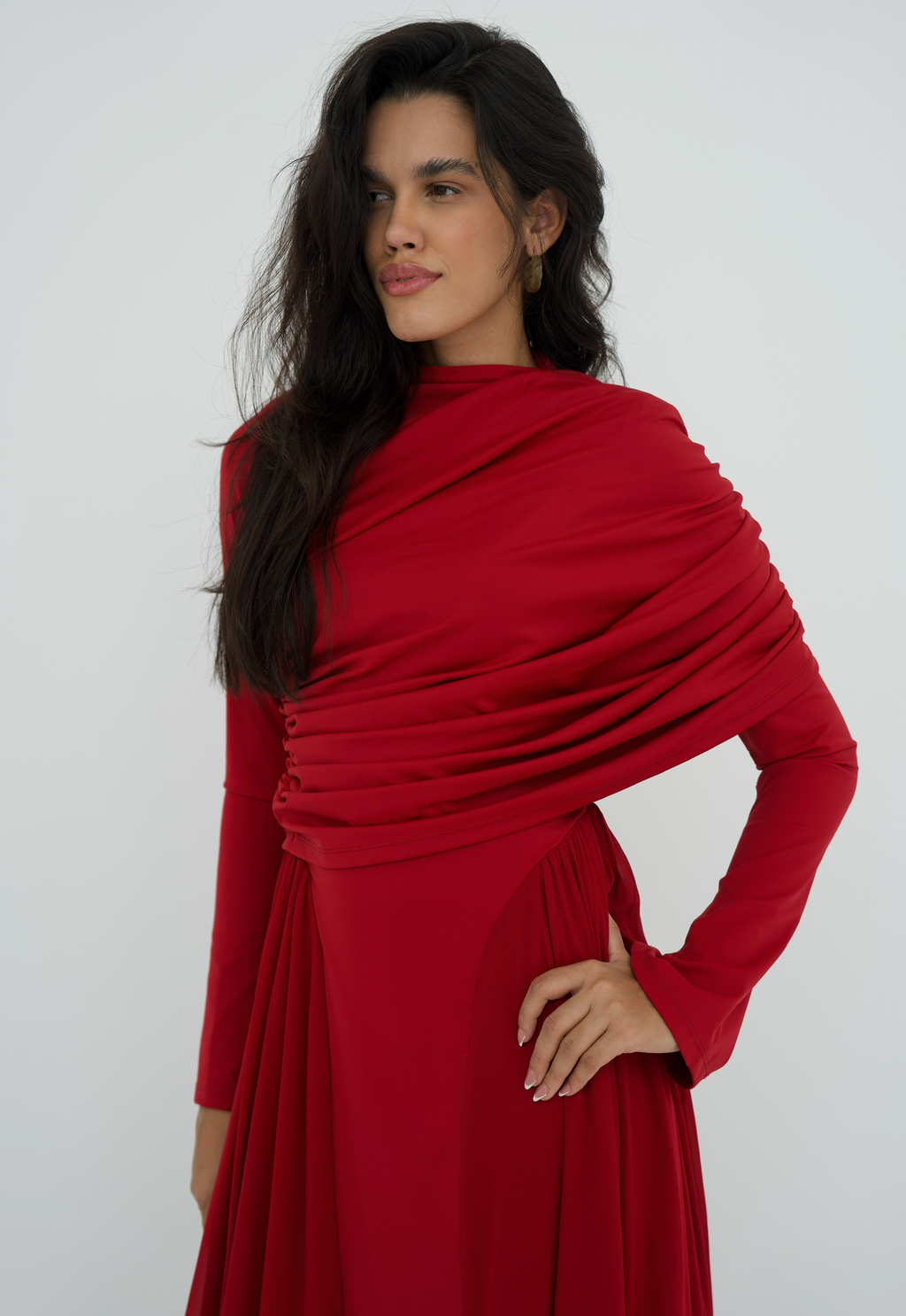 Amwaj gown with shoulder drappes in Dark red with chest cover