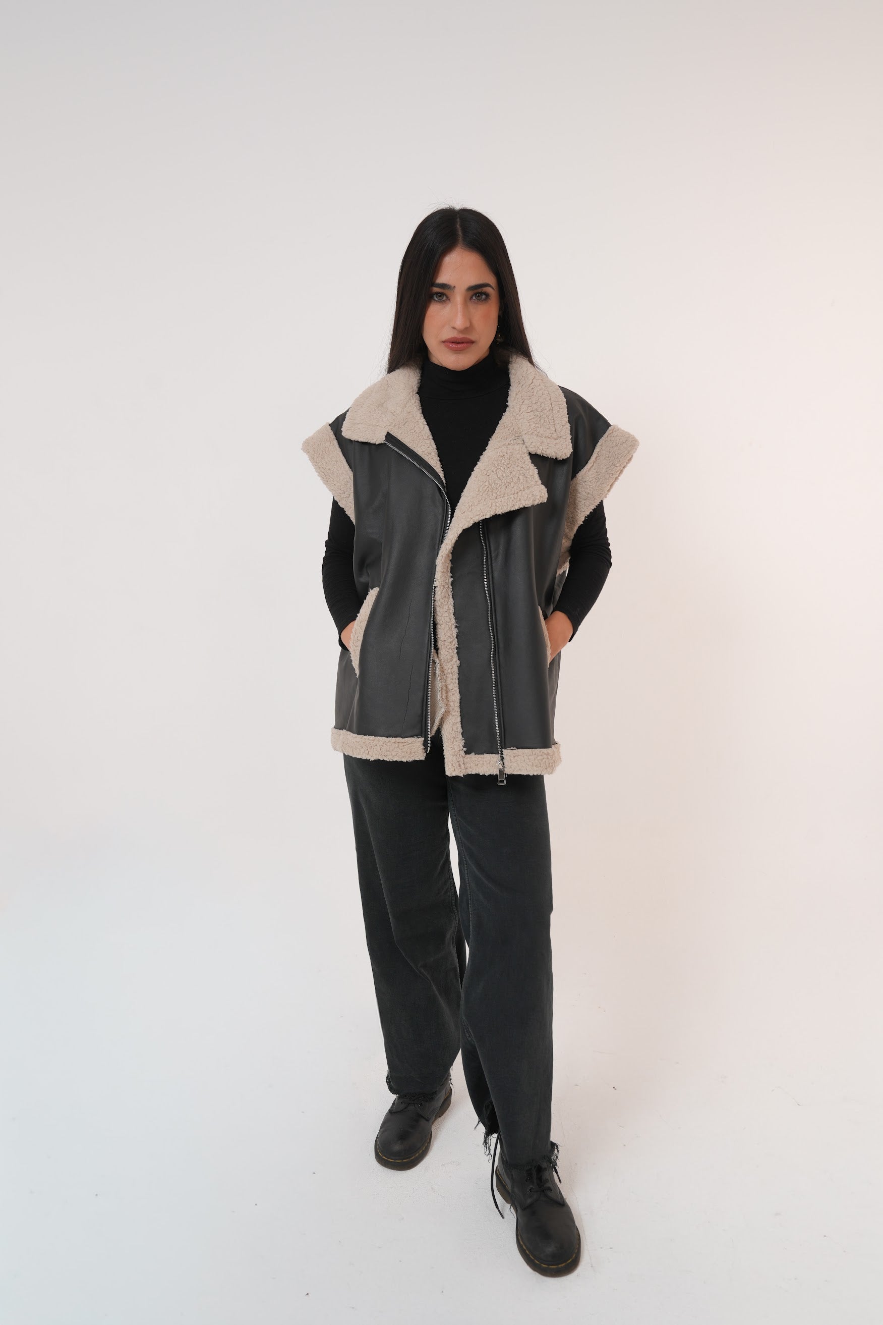 Fur-Lined Leather Vest in Black