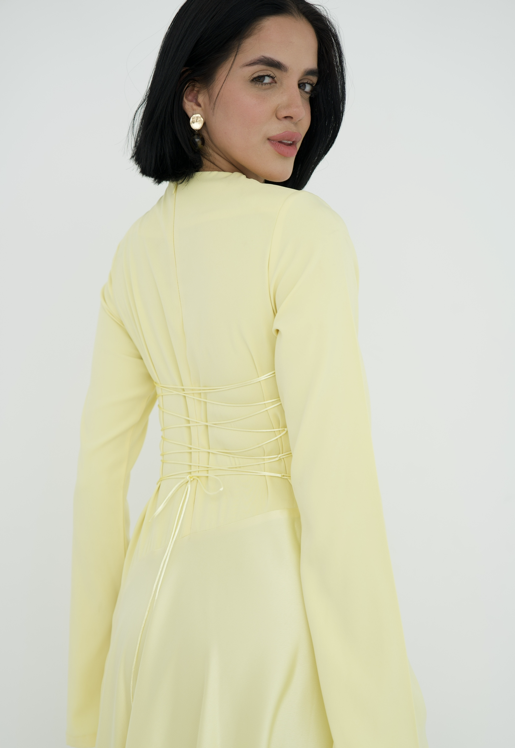Satin half and half A-line dress in butter yellow