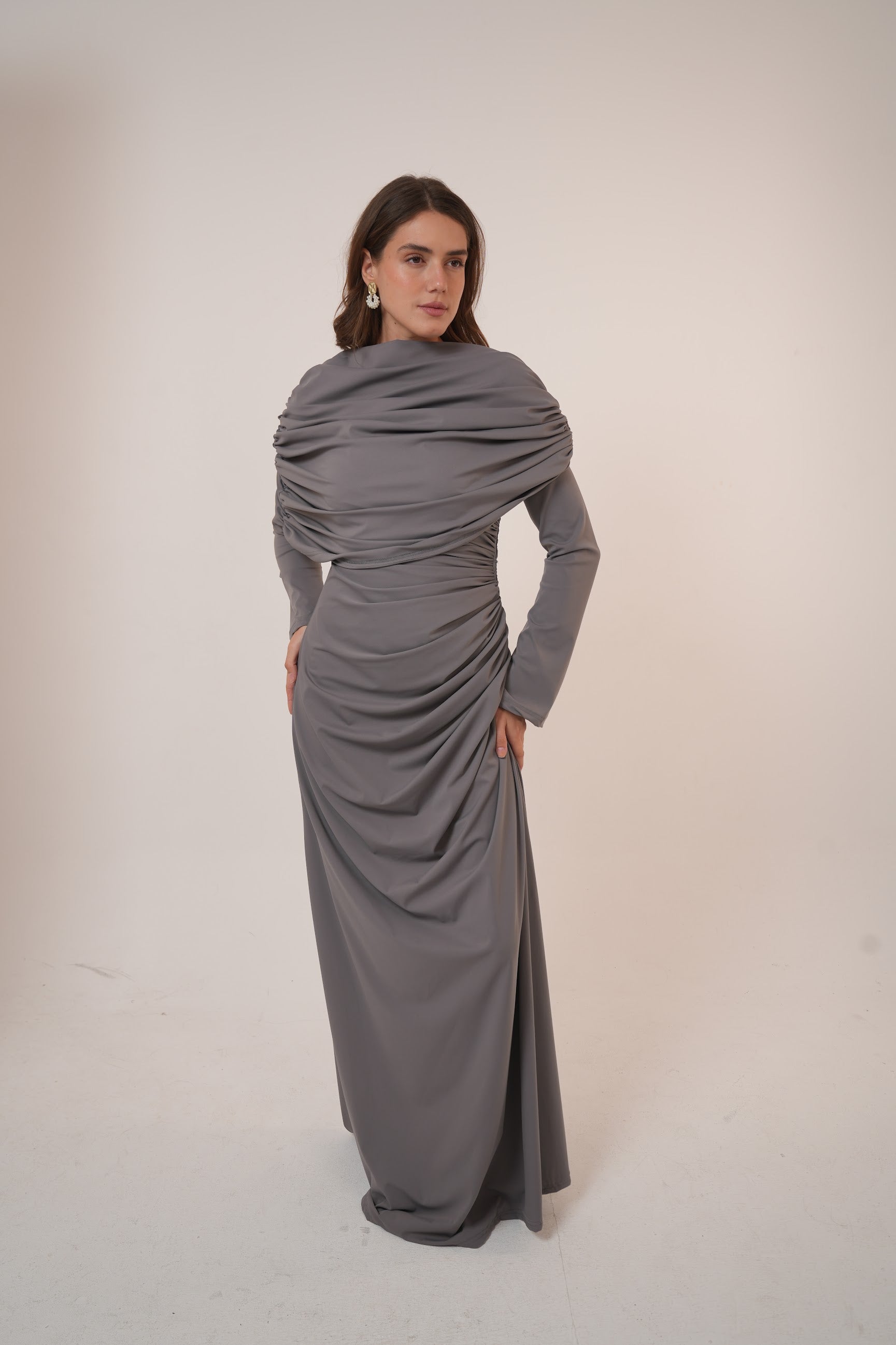 One-Side Draped Maxi Dress with Chest Cover in Grey