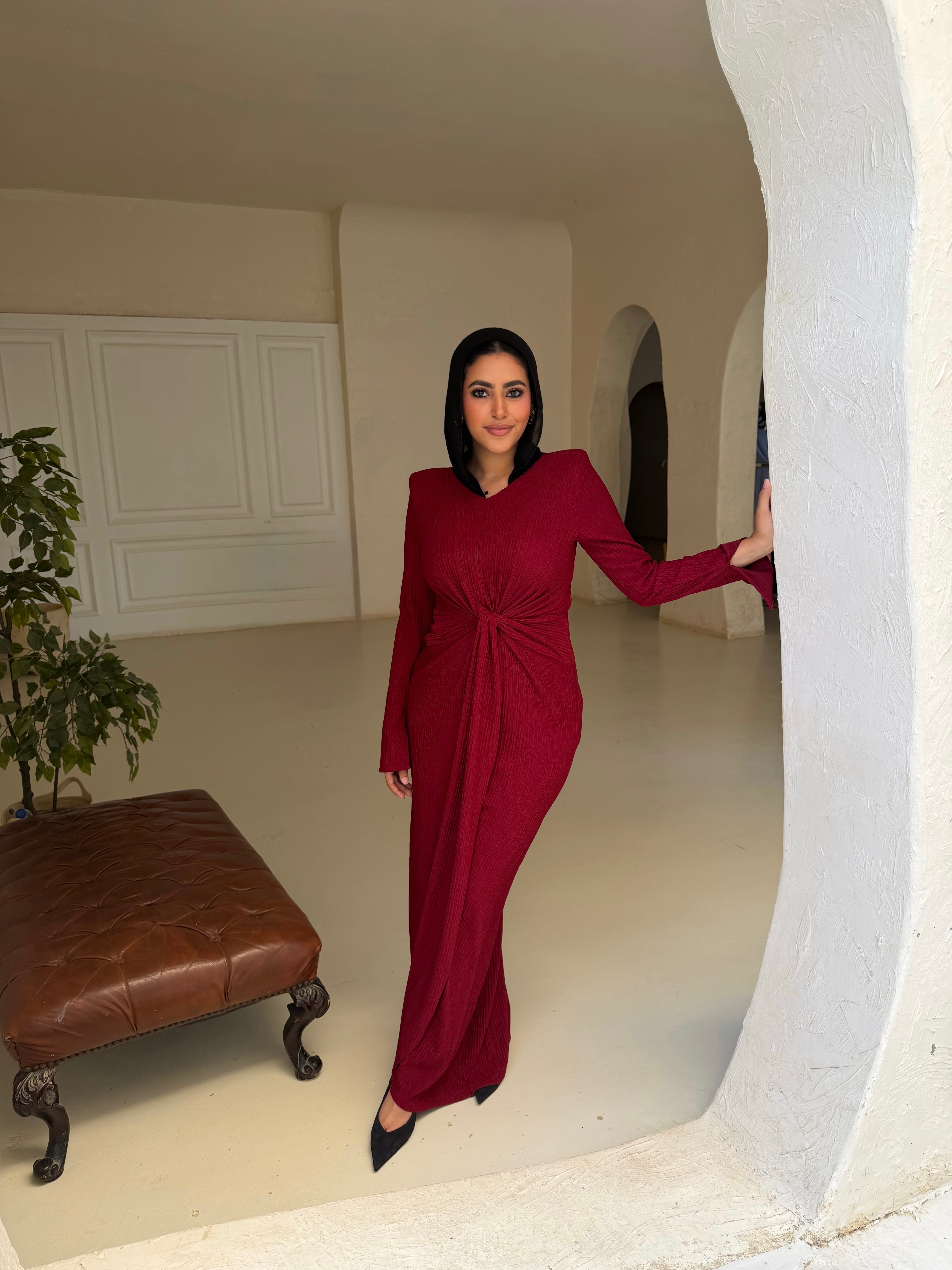 Twisted knot maxi dress in Dark red