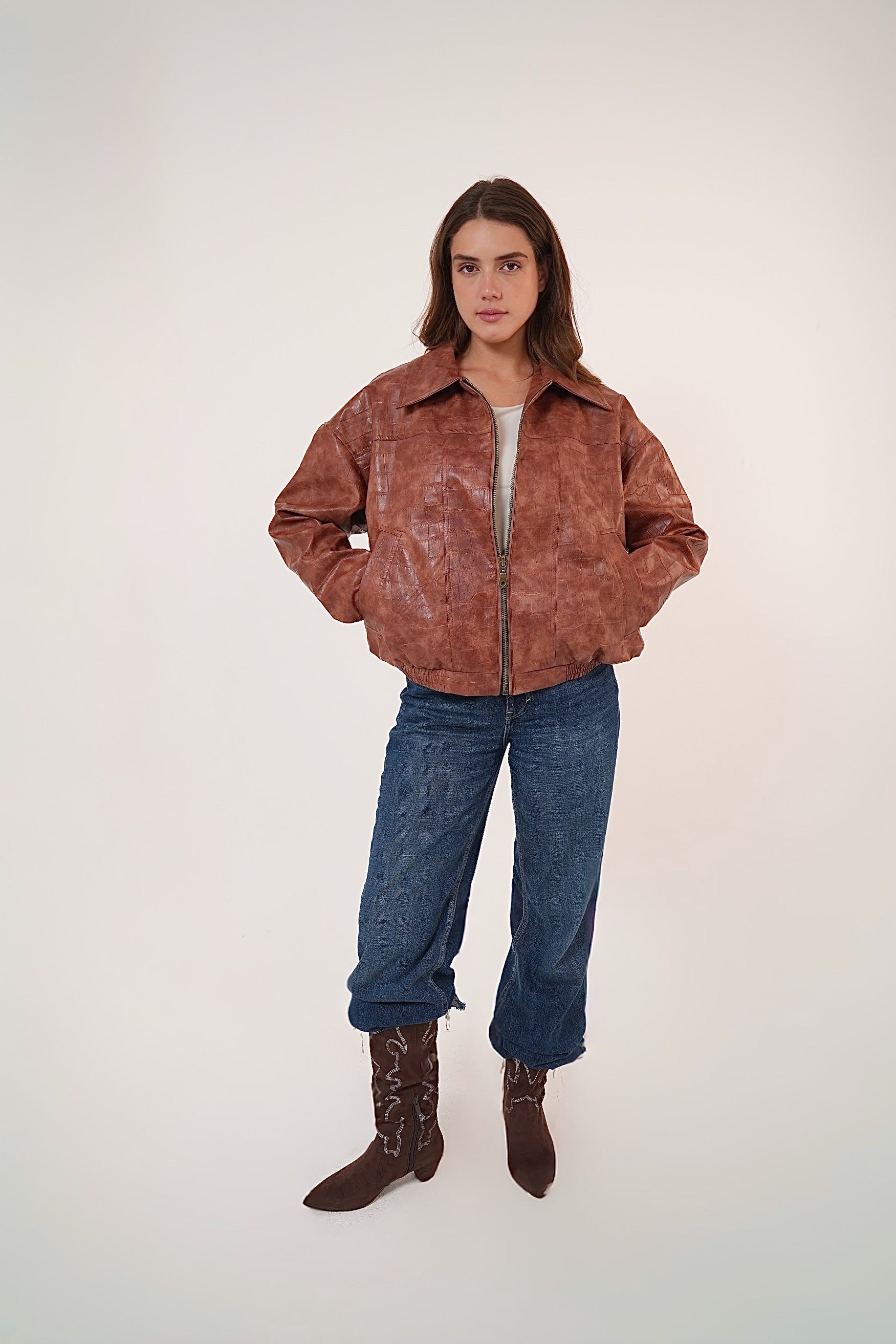 Vintage Croc-Texture Faux Leather Bomber Jacket