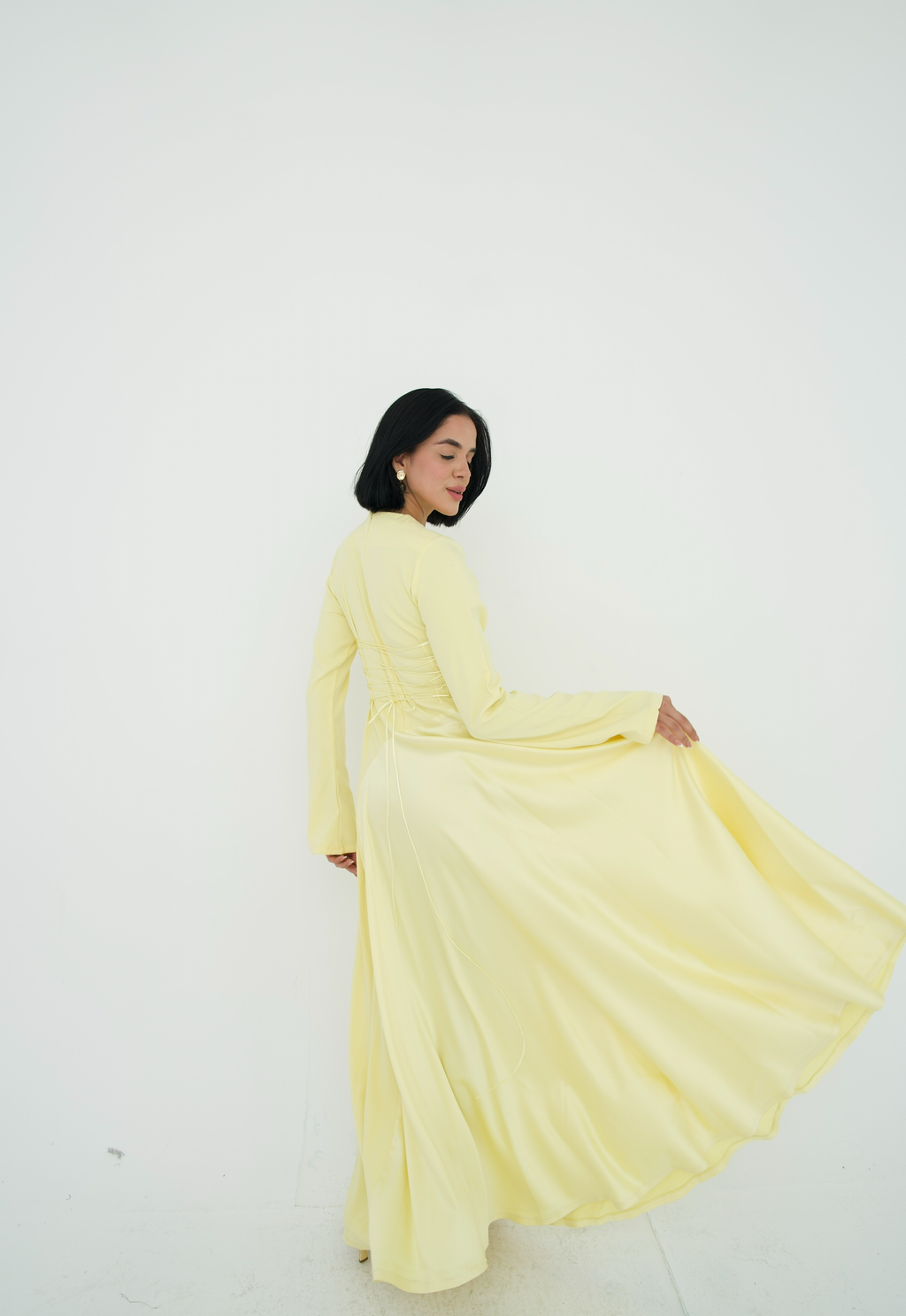 Satin half and half A-line dress in butter yellow