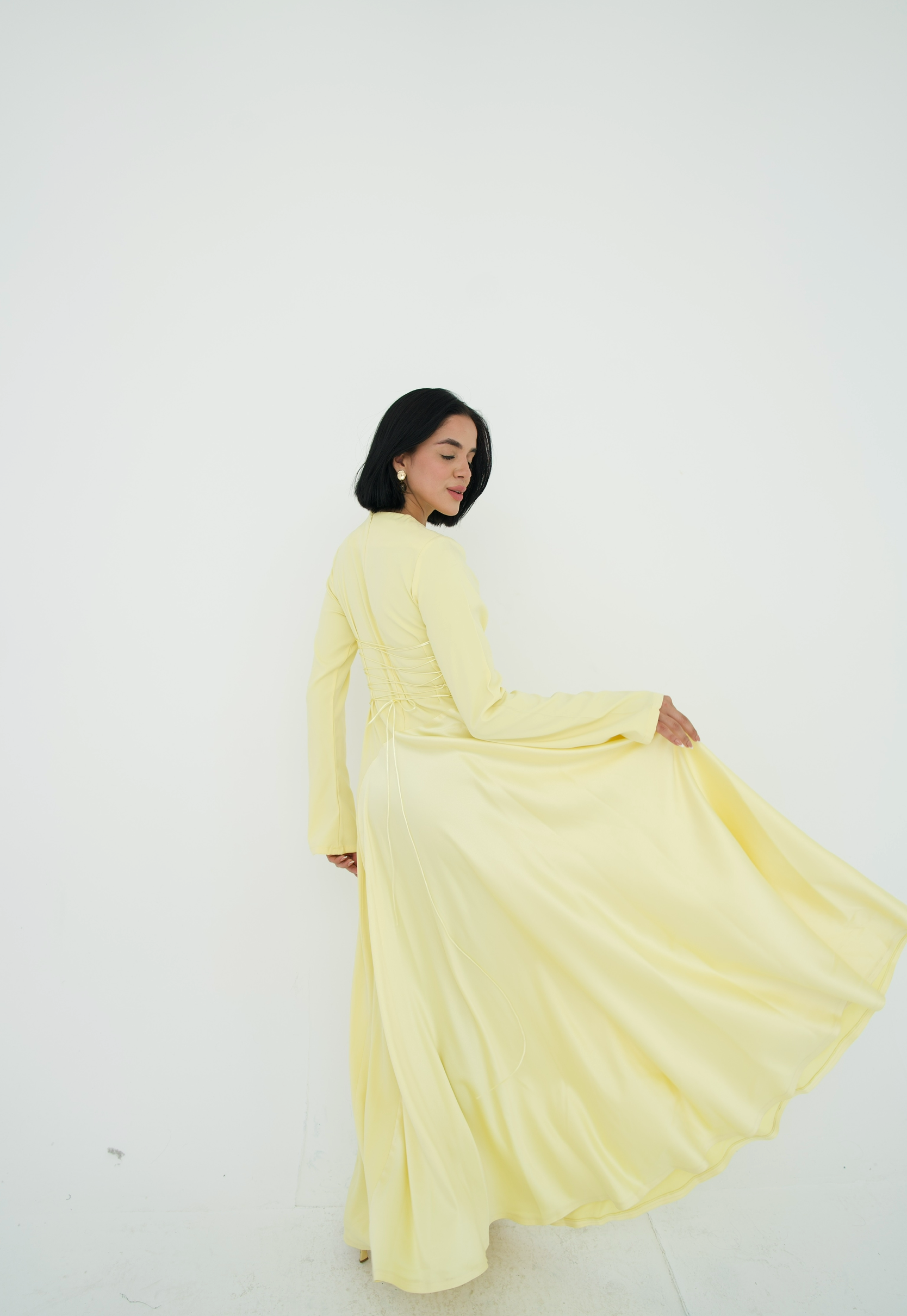 Satin half and half A-line dress in butter yellow