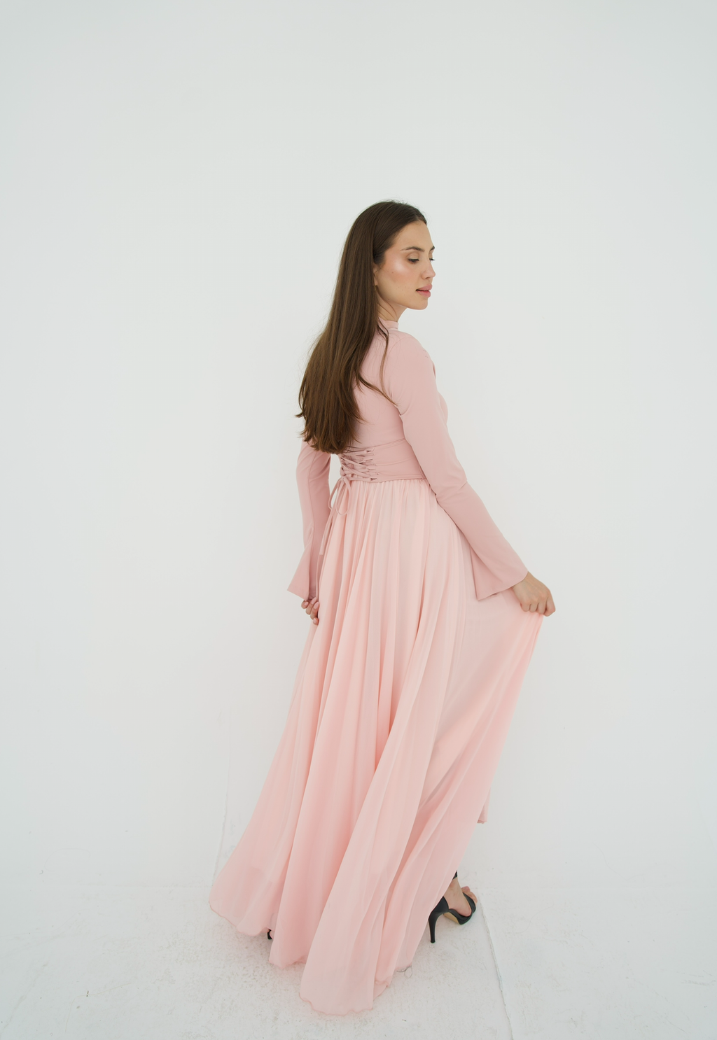 Amwaj gown with shoulder drapes in Pink with chest cover