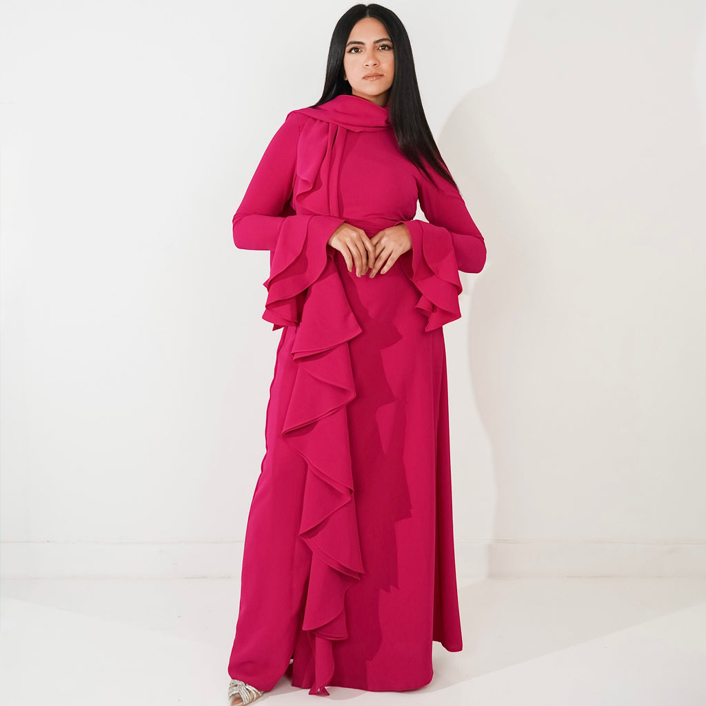 Flowy side ruffles dress in Hot pink
