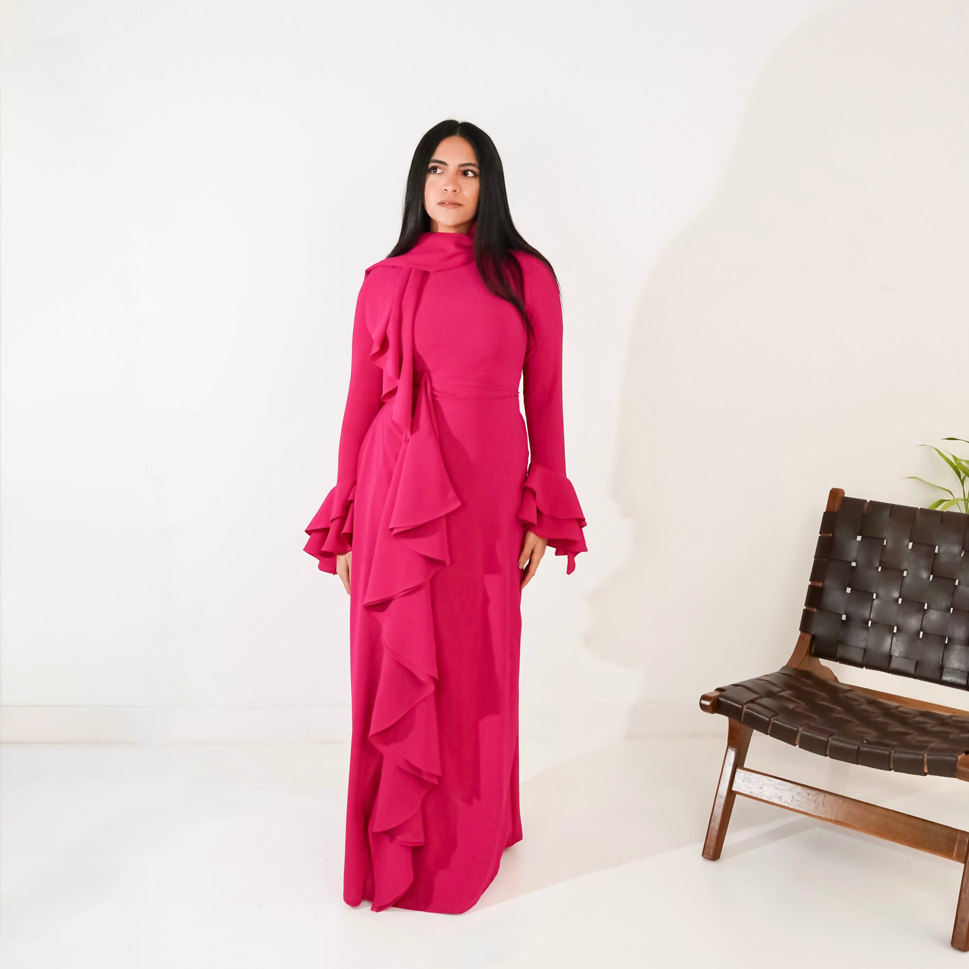 Flowy side ruffles dress in Hot pink