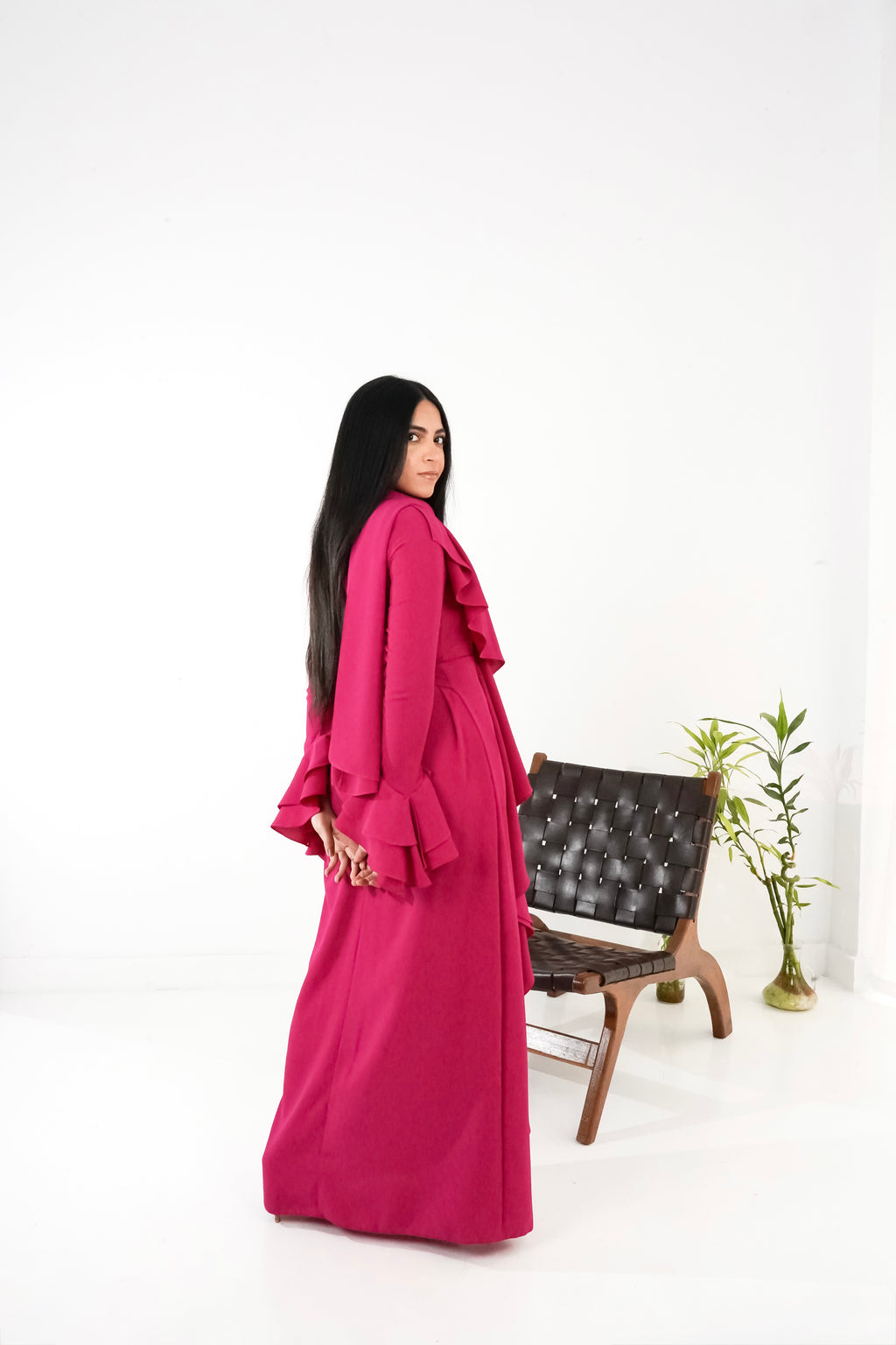 Flowy side ruffles dress in Hot pink