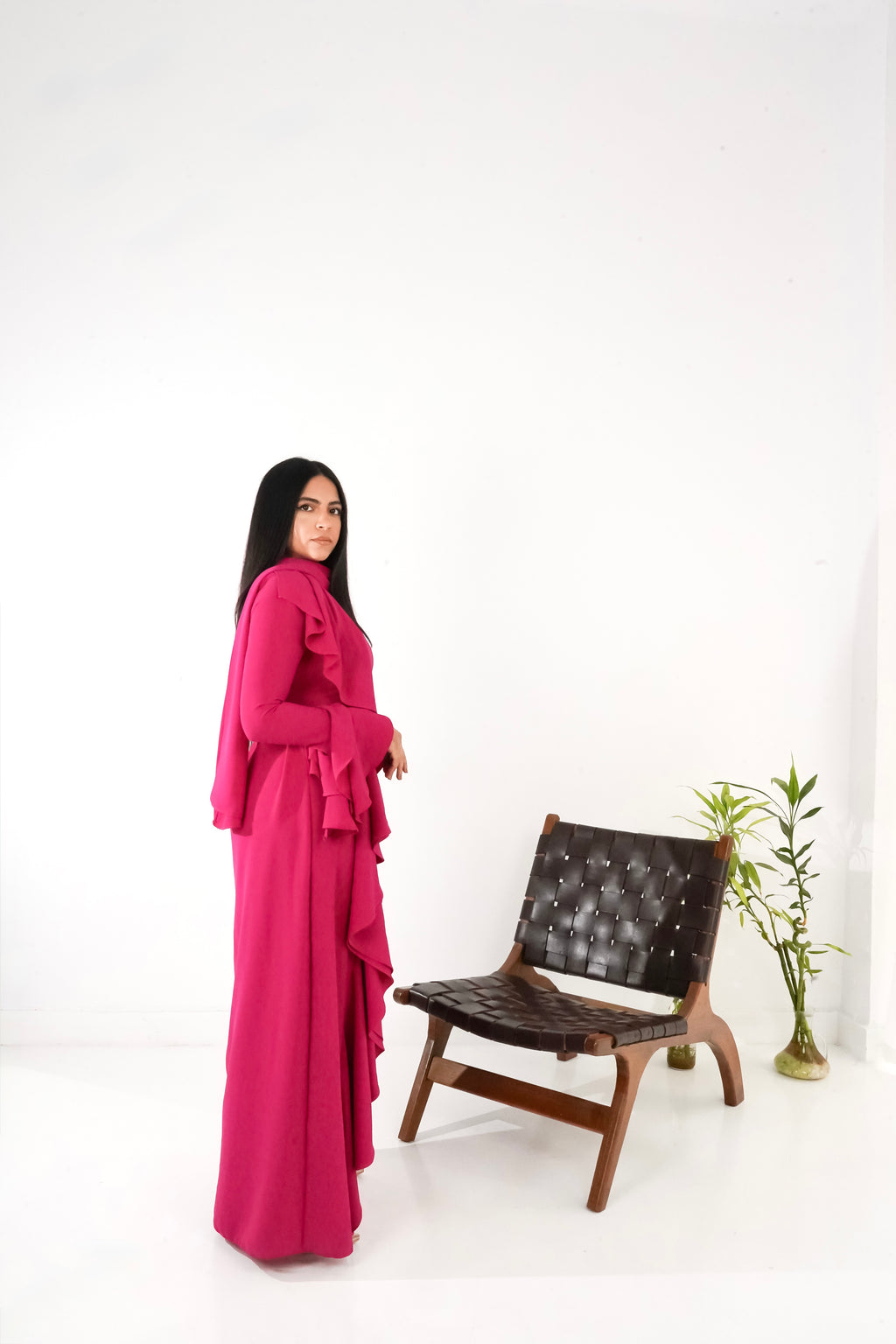 Flowy side ruffles dress in Hot pink