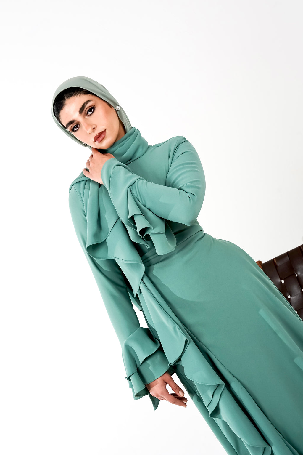 Flowy side ruffle dress in Teal