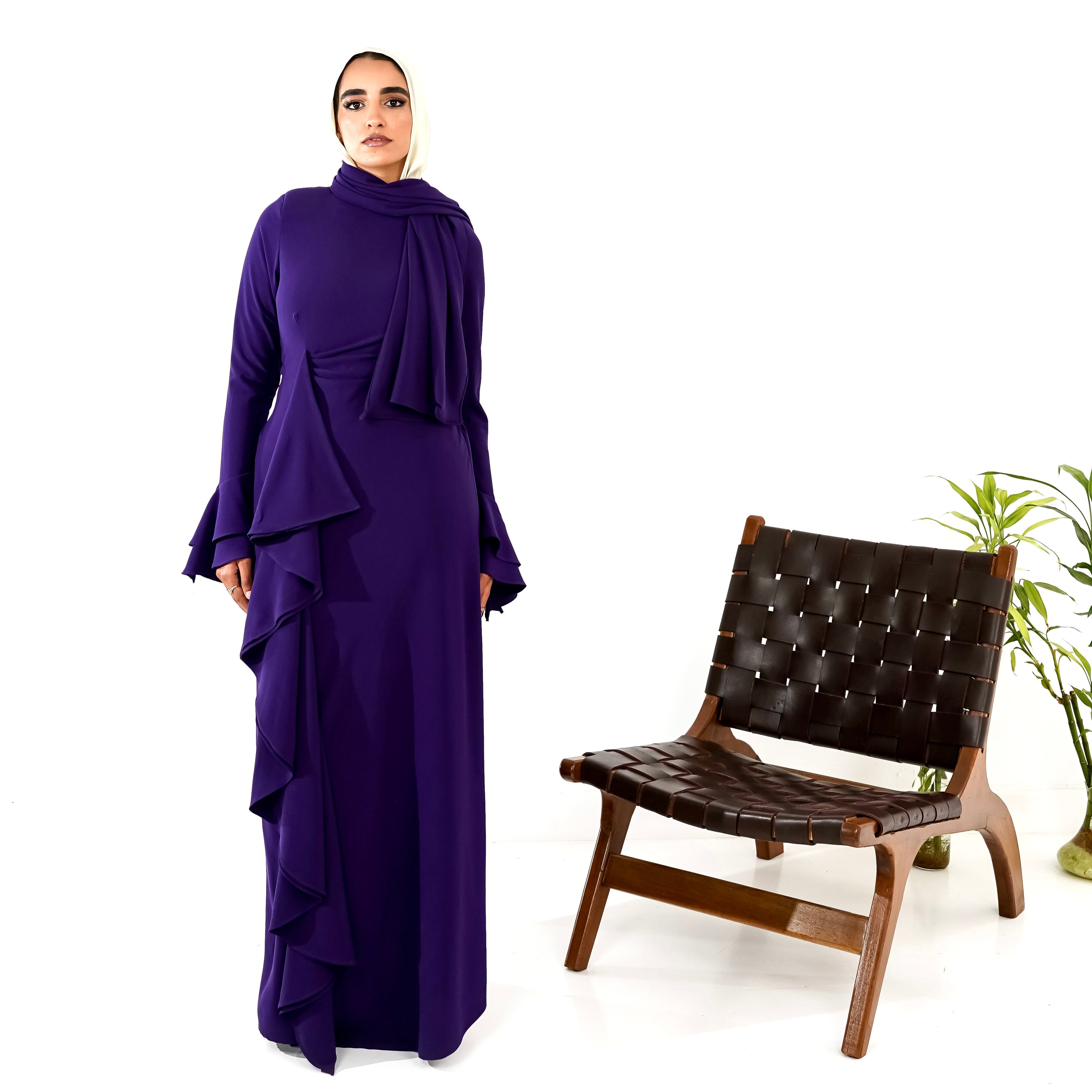 flowy side ruffles dress in purple