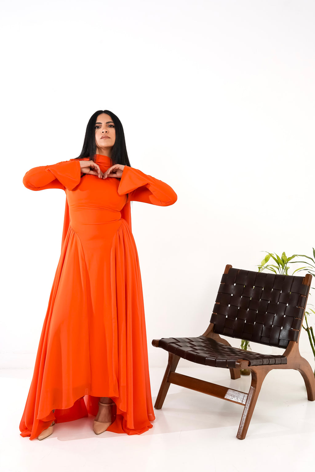 Amwaj gown with shoulder drappes in Orange with cover chest