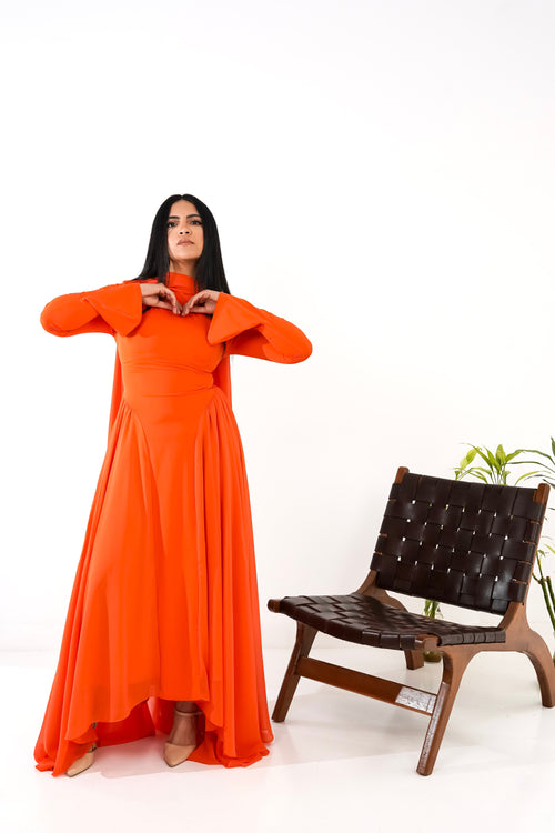 Amwaj gown with shoulder drappes in Orange with cover chest