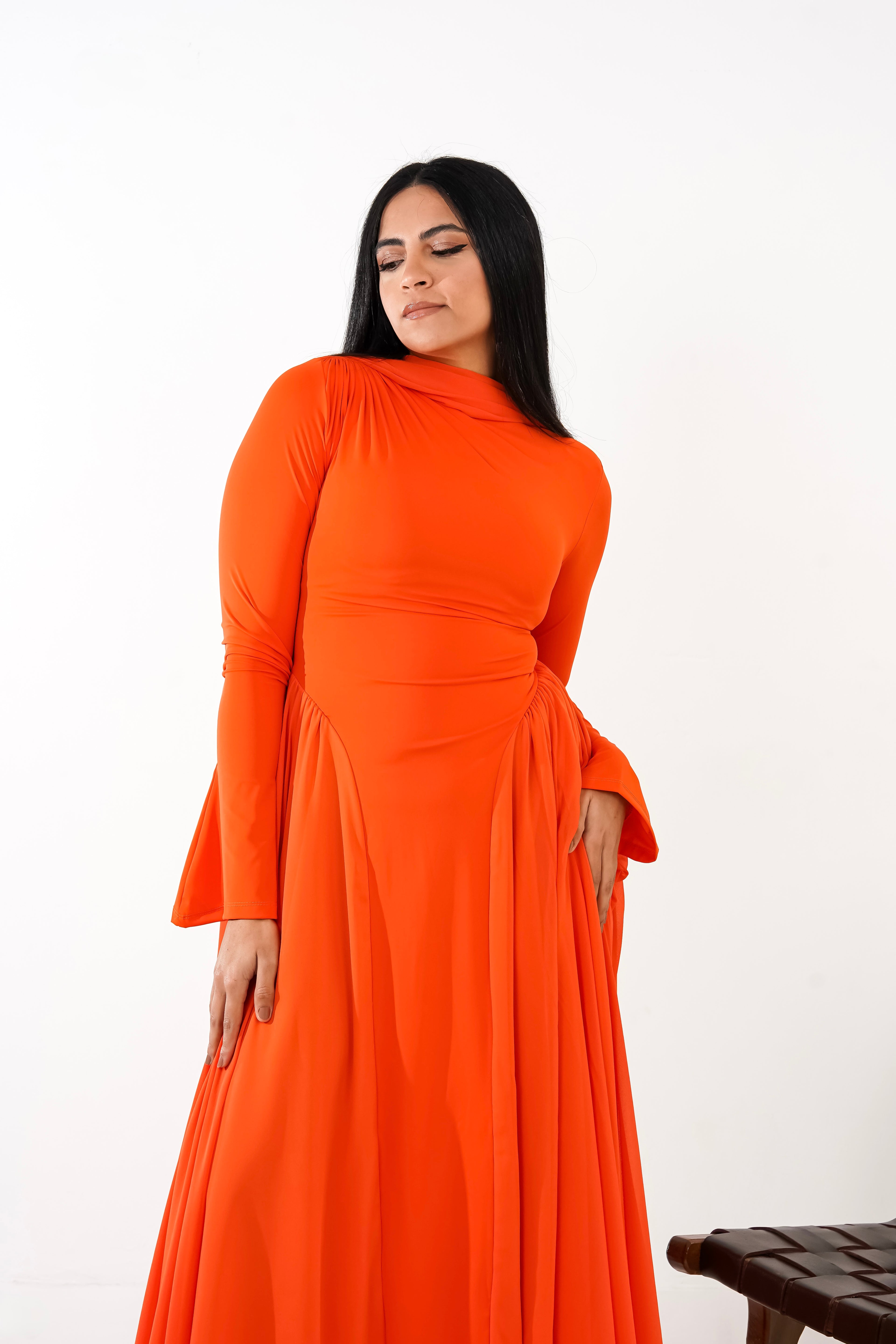 Amwaj gown with shoulder drappes in Orange with cover chest