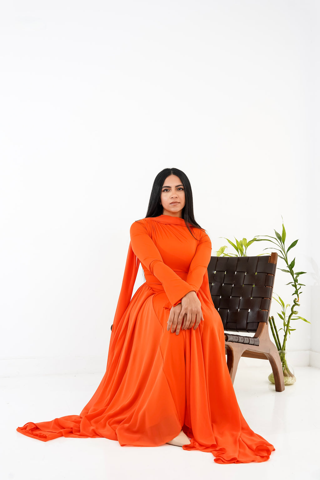 Amwaj gown with shoulder drappes in Orange with cover chest