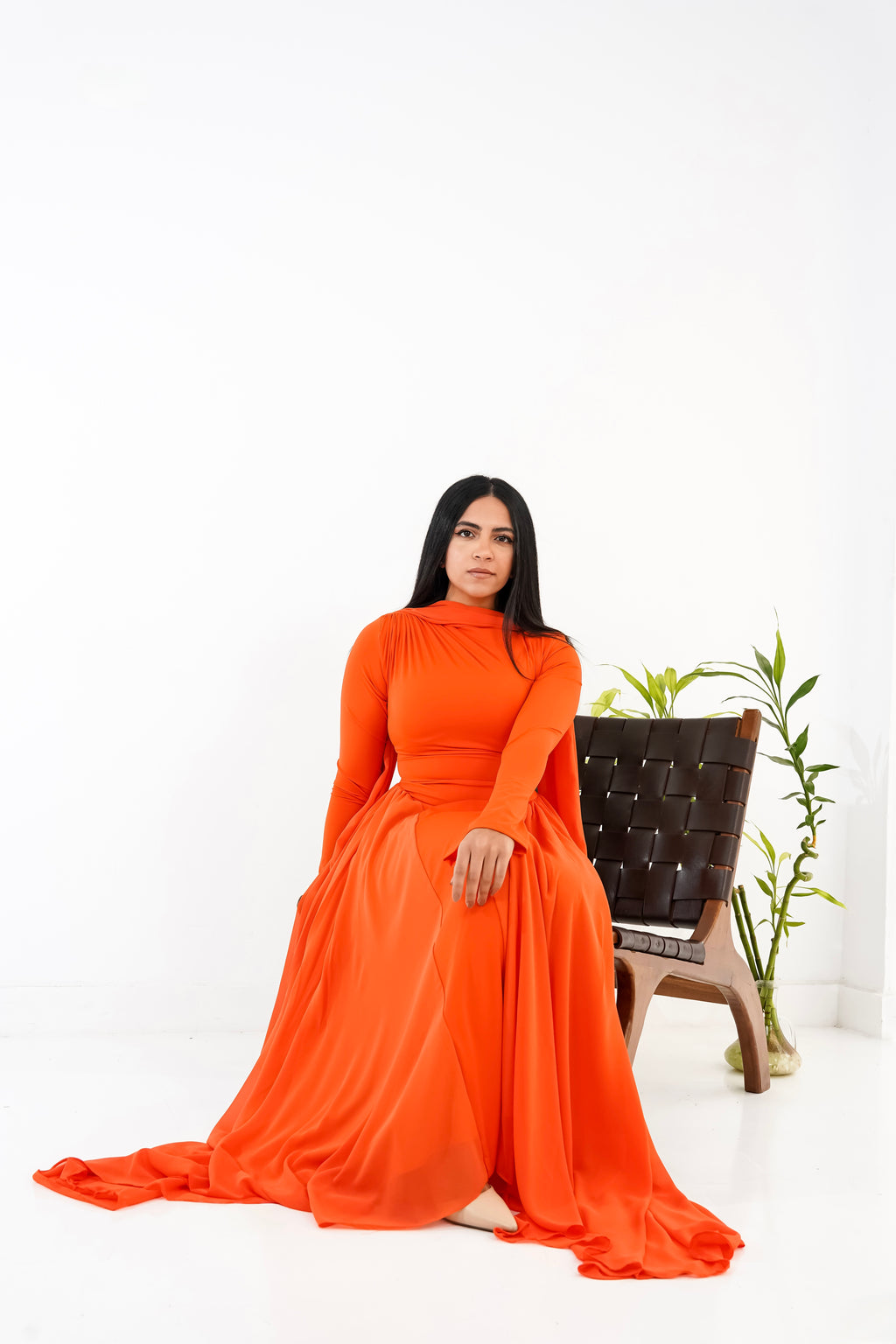 Amwaj gown with shoulder drappes in Orange with cover chest