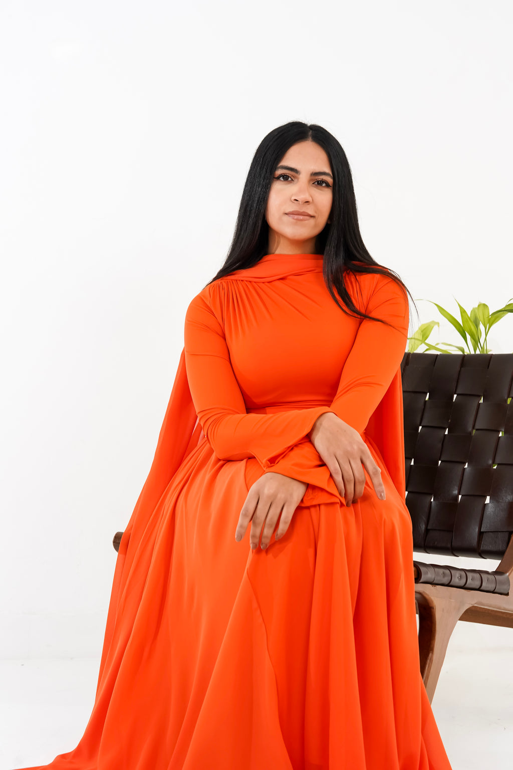 Amwaj gown with shoulder drappes in Orange with cover chest