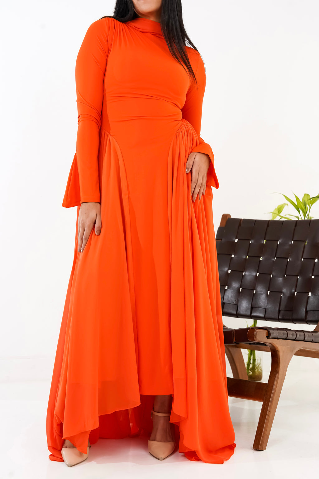 Amwaj gown with shoulder drappes in Orange with cover chest