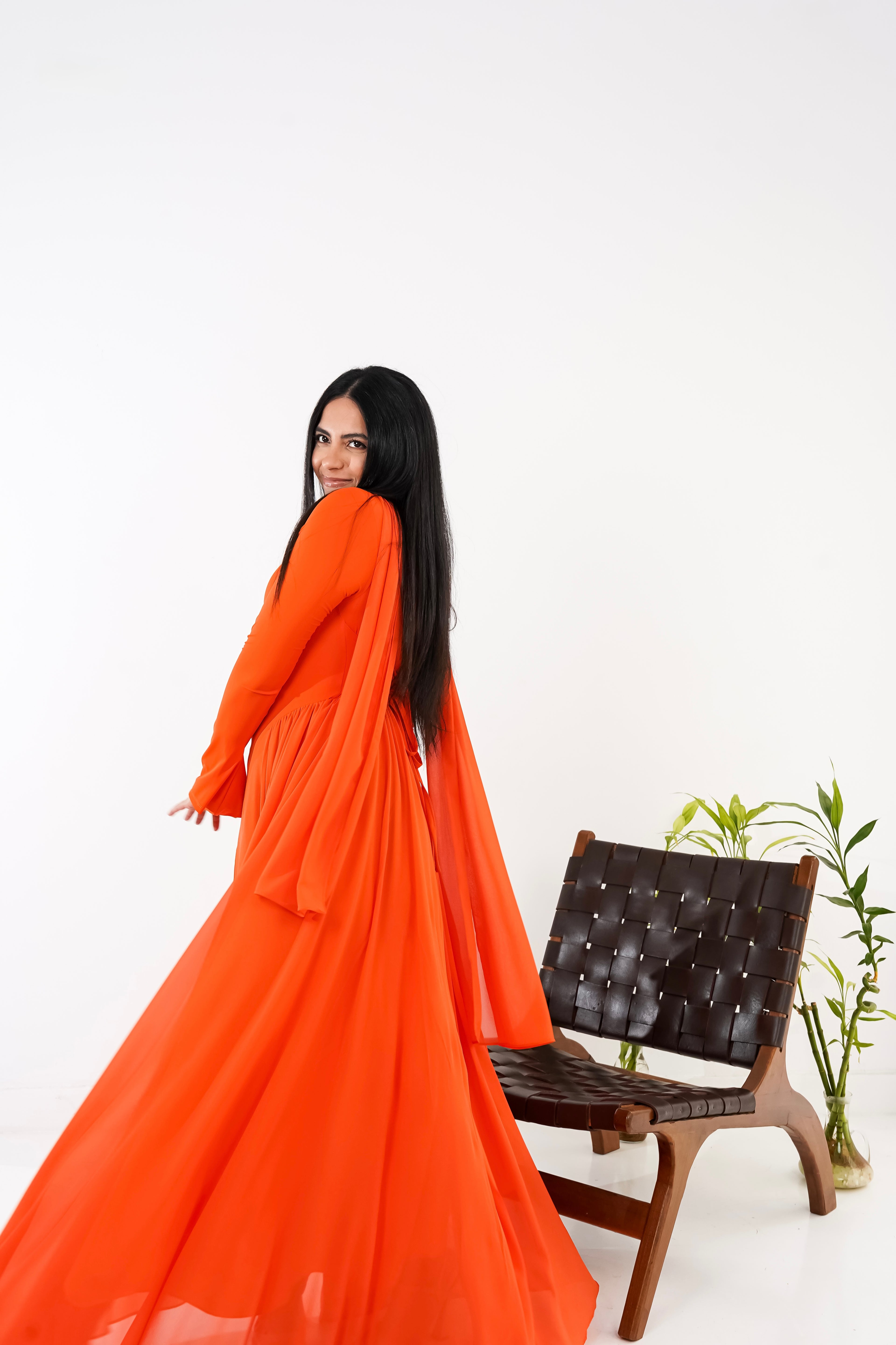Amwaj gown with shoulder drappes in Orange with cover chest