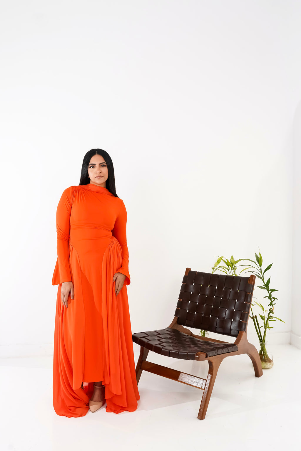 Amwaj gown with shoulder drappes in Orange with cover chest