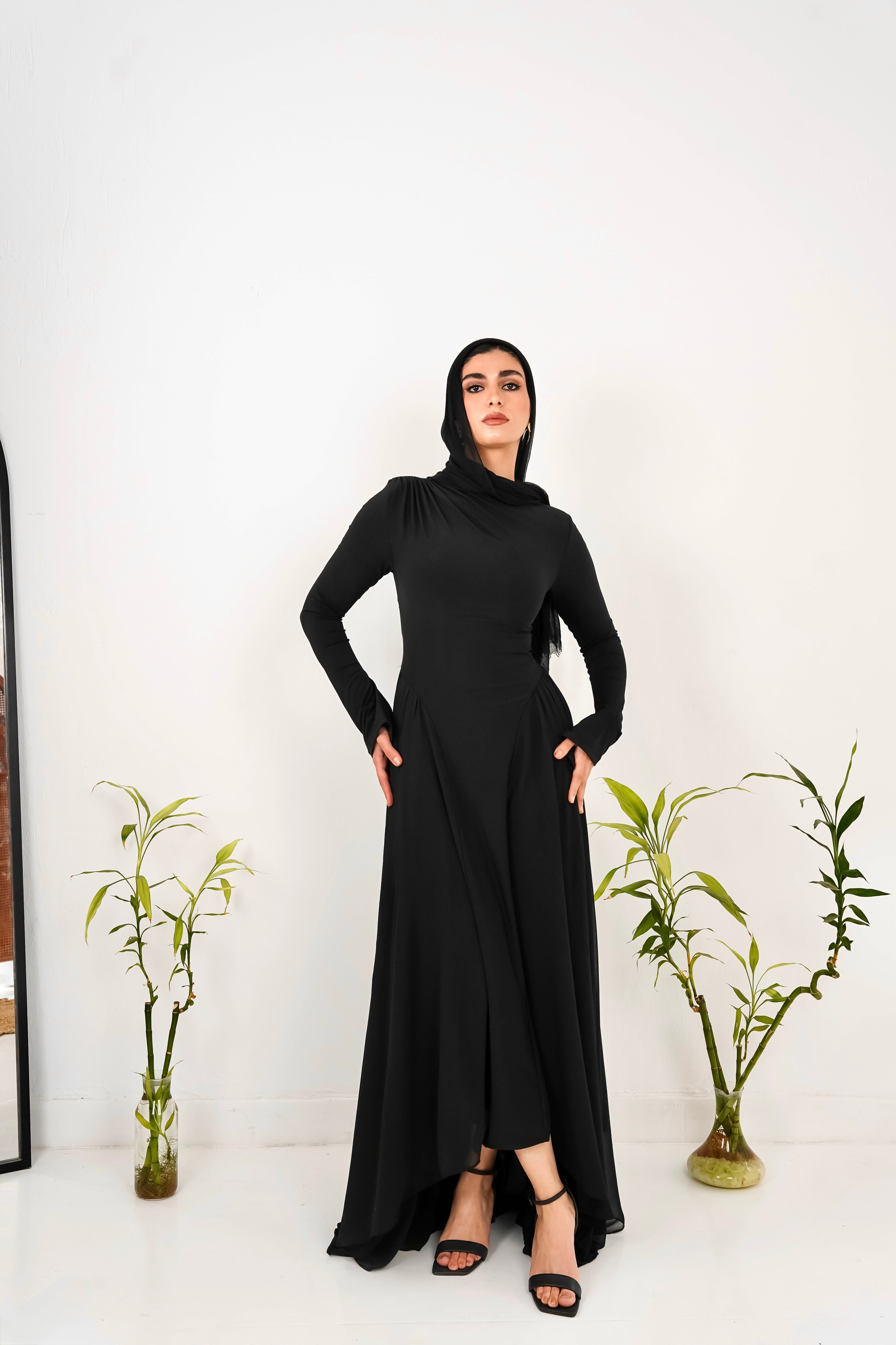 Amwaj gown with shoulder drapes in Black with chest cover