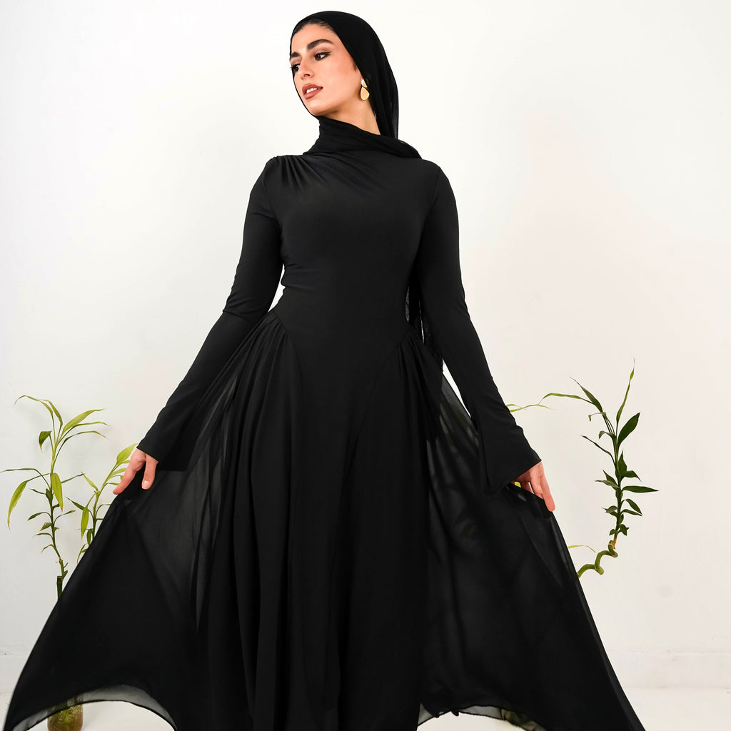 Amwaj gown with shoulder drapes in Black with chest cover