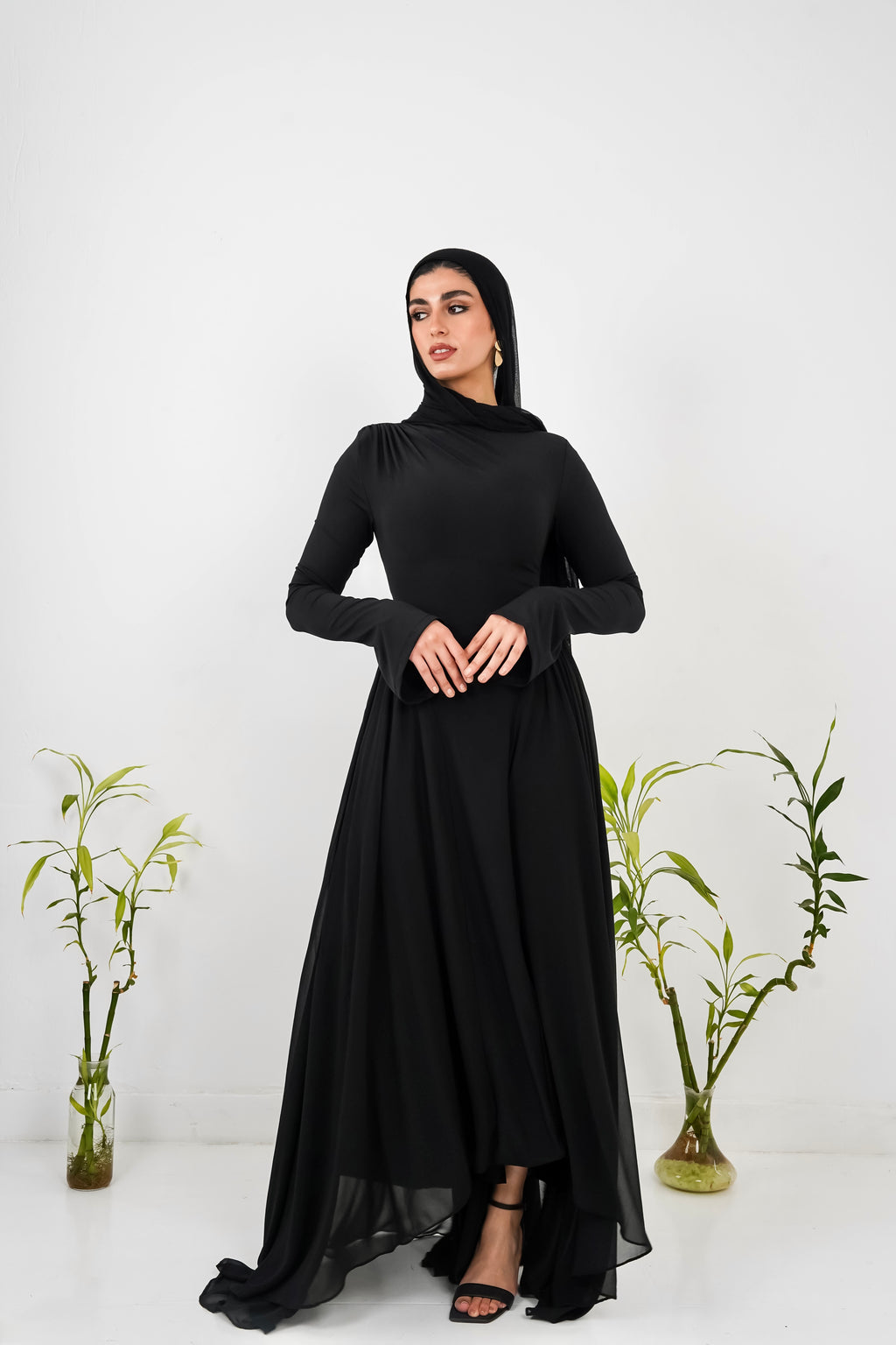 Amwaj gown with shoulder drapes in Black with chest cover