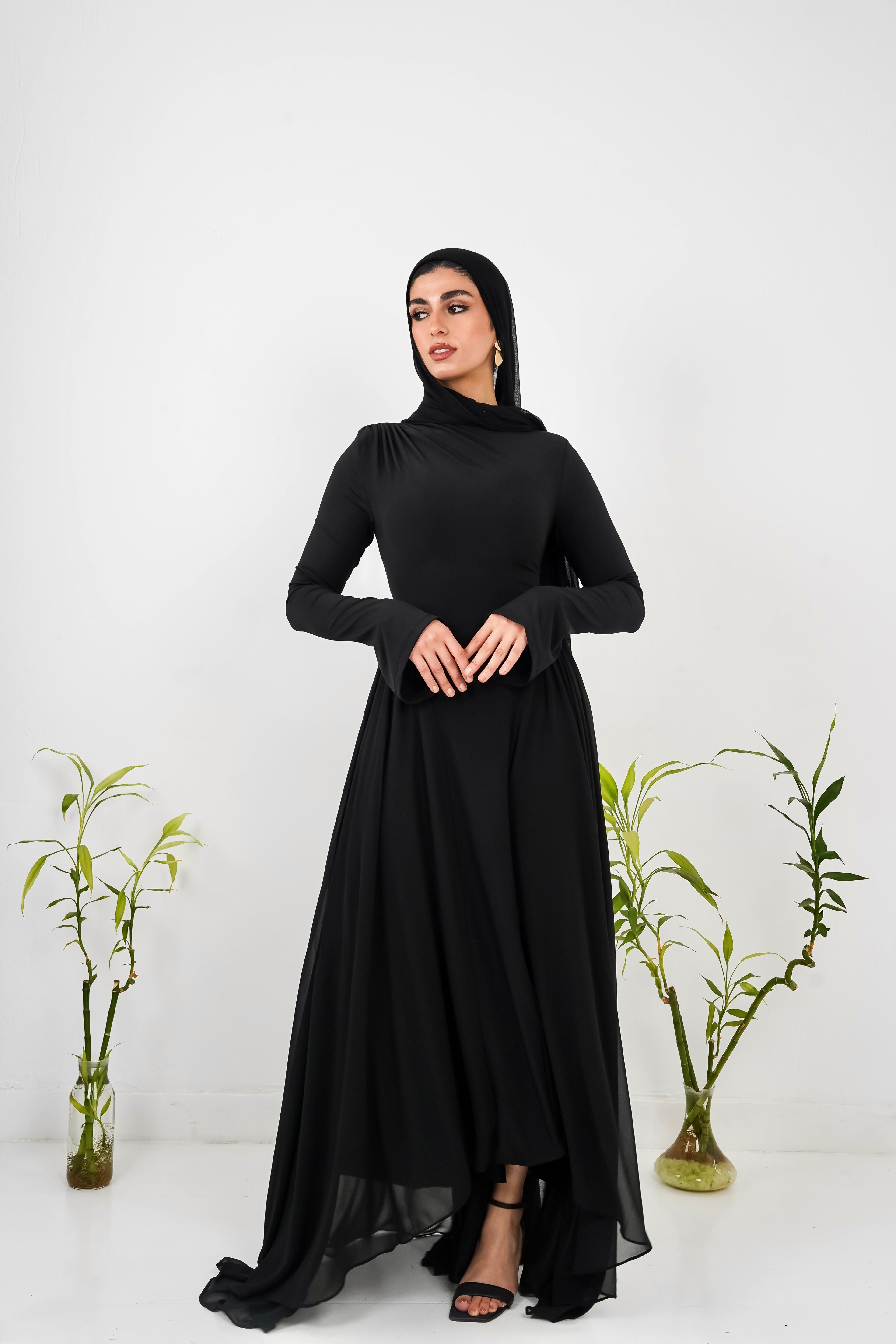 Amwaj gown with shoulder drapes in Black with chest cover