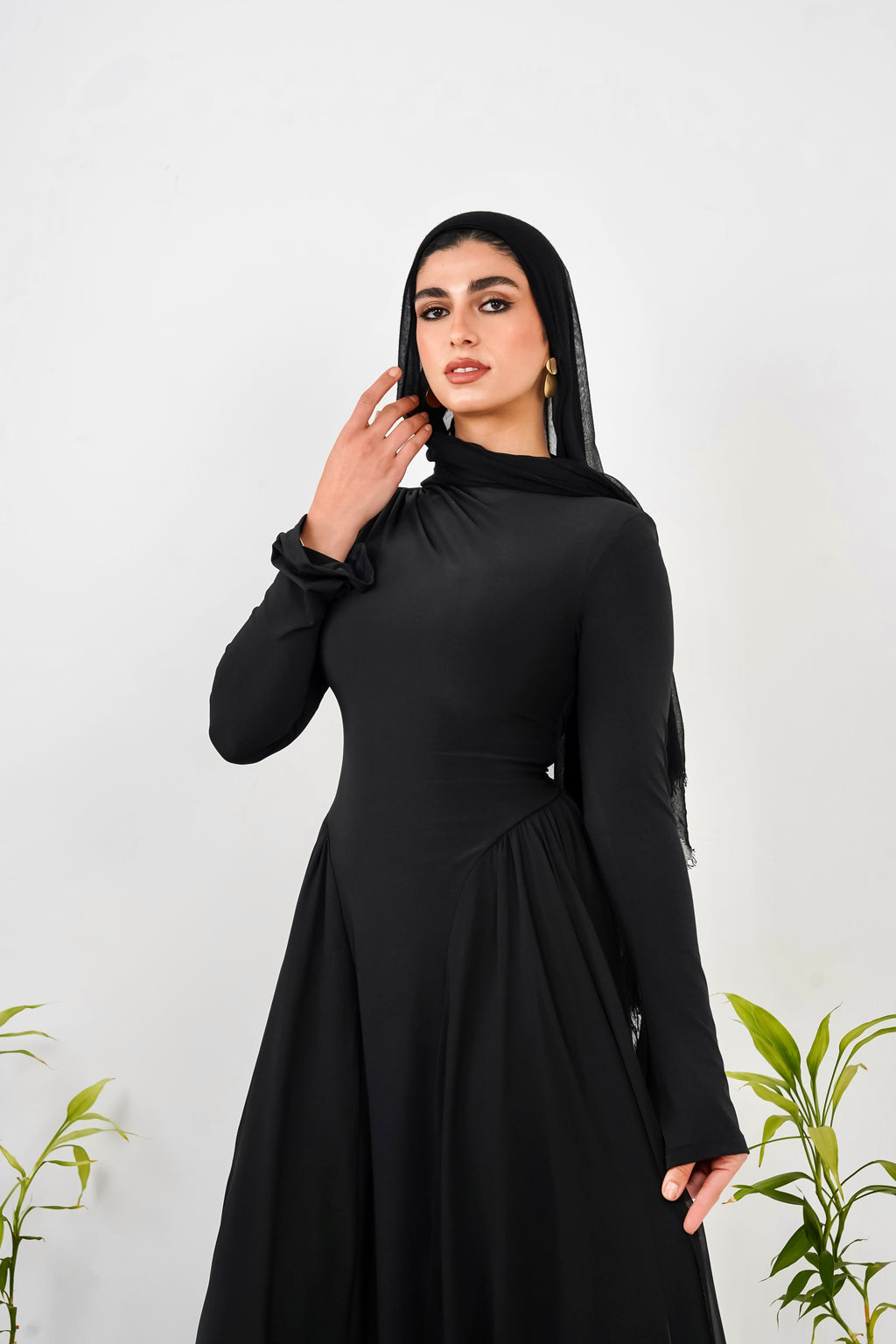 Amwaj gown with shoulder drapes in Black with chest cover