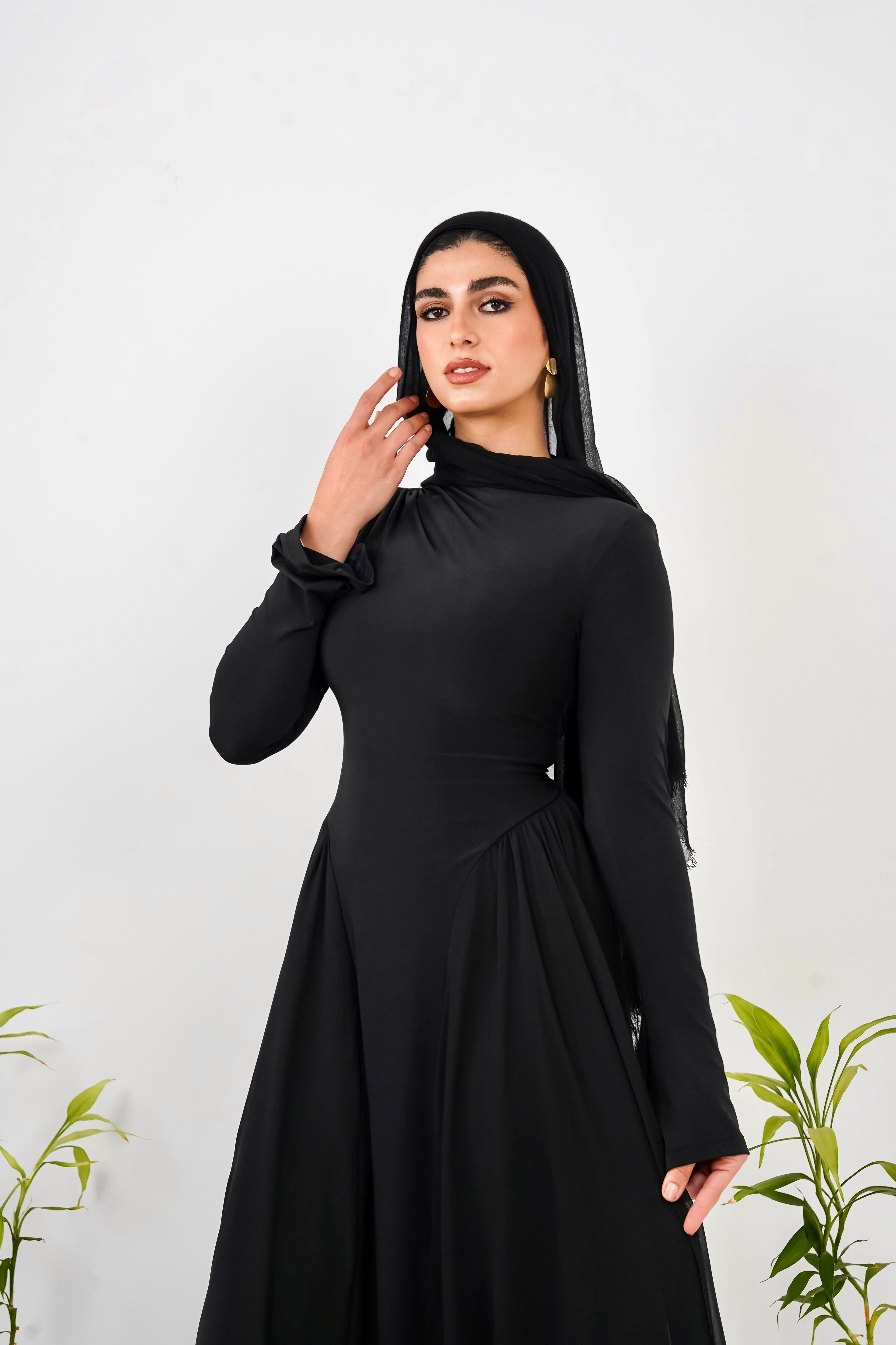 Amwaj gown with shoulder drapes in Black with chest cover