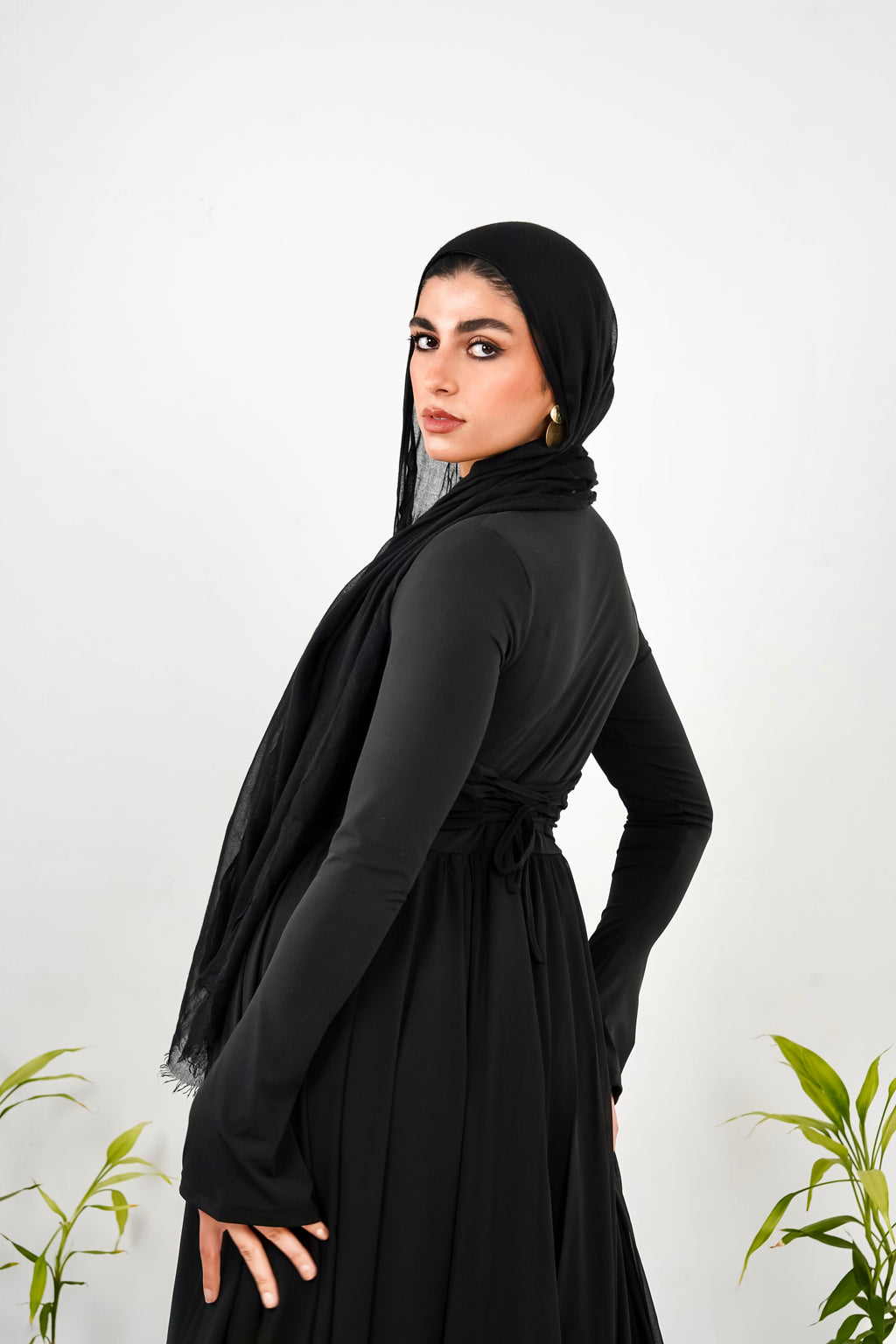 Amwaj gown with shoulder drapes in Black with chest cover