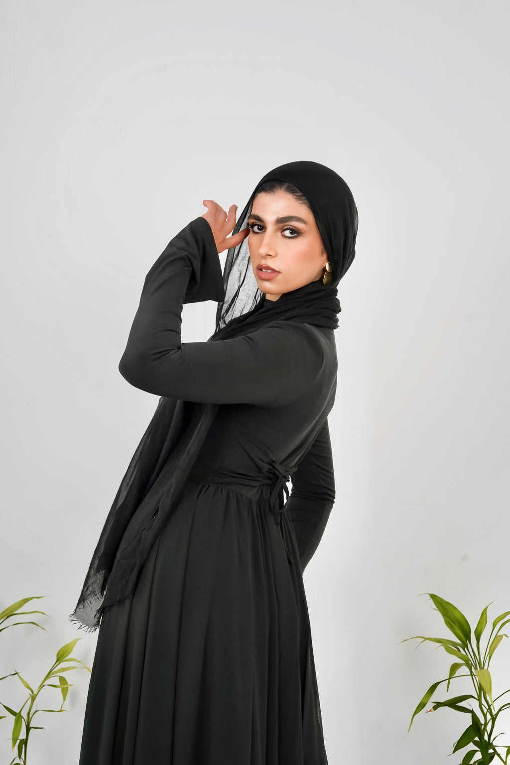 Amwaj gown with shoulder drapes in Black with chest cover