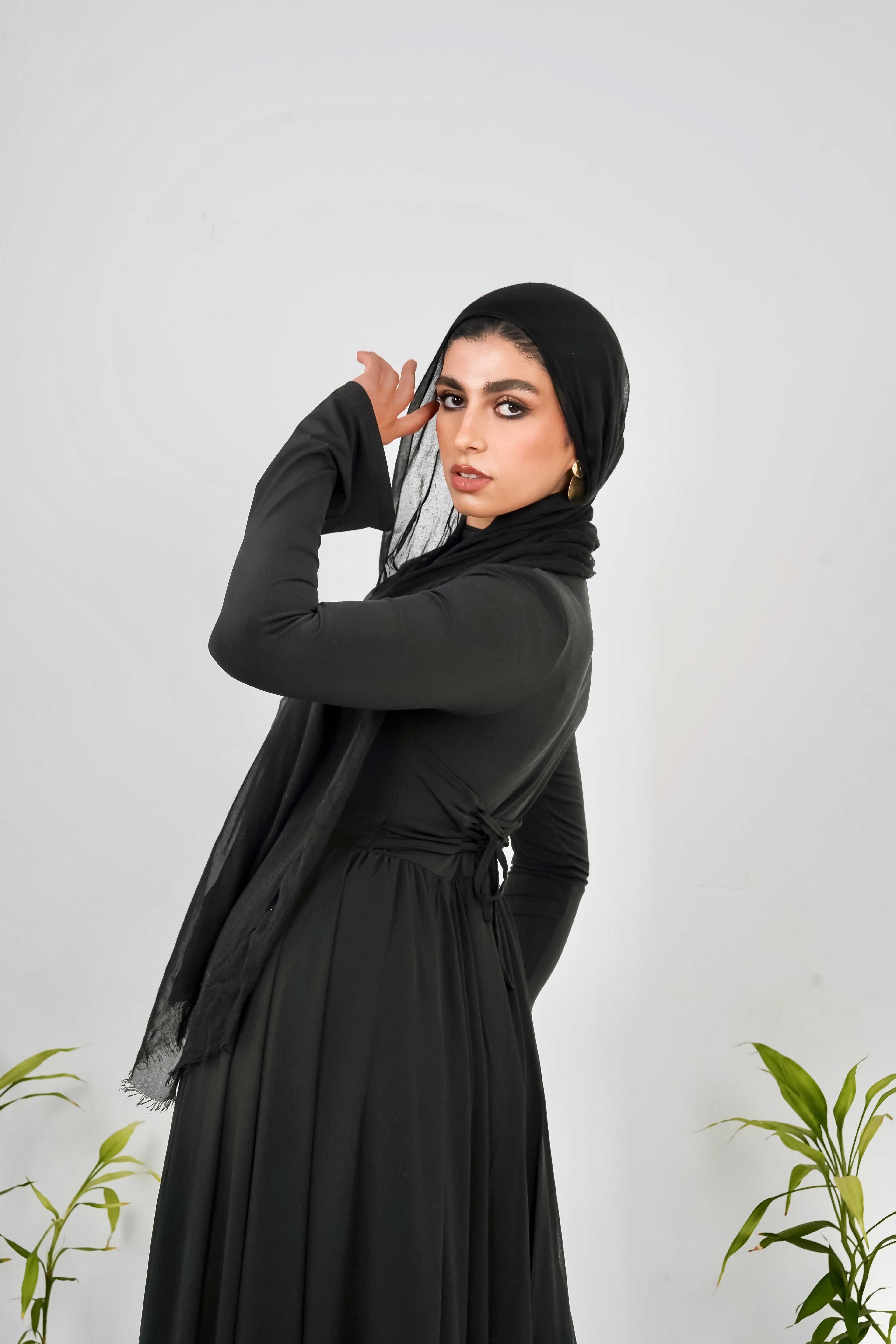 Amwaj gown with shoulder drapes in Black with chest cover