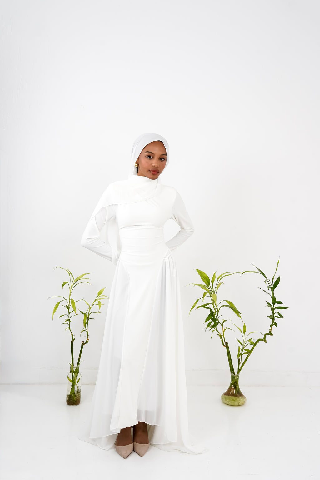 Amwaj gown with shoulder drapes in White with chest cover