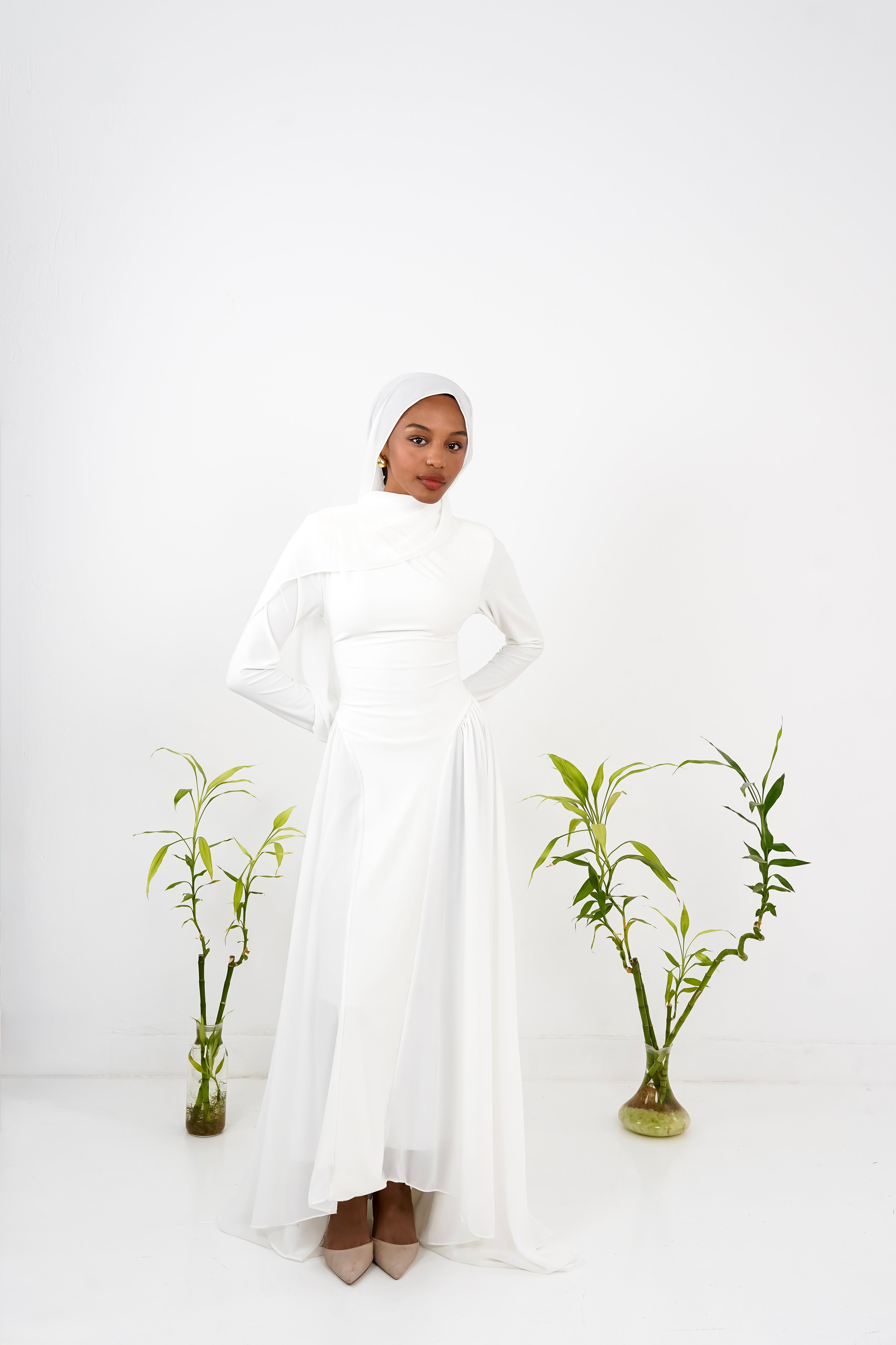 Amwaj gown with shoulder drapes in White with chest cover