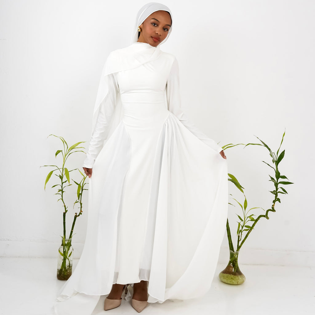 Amwaj gown with shoulder drapes in White with chest cover