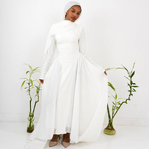Amwaj gown with shoulder drapes in White with chest cover