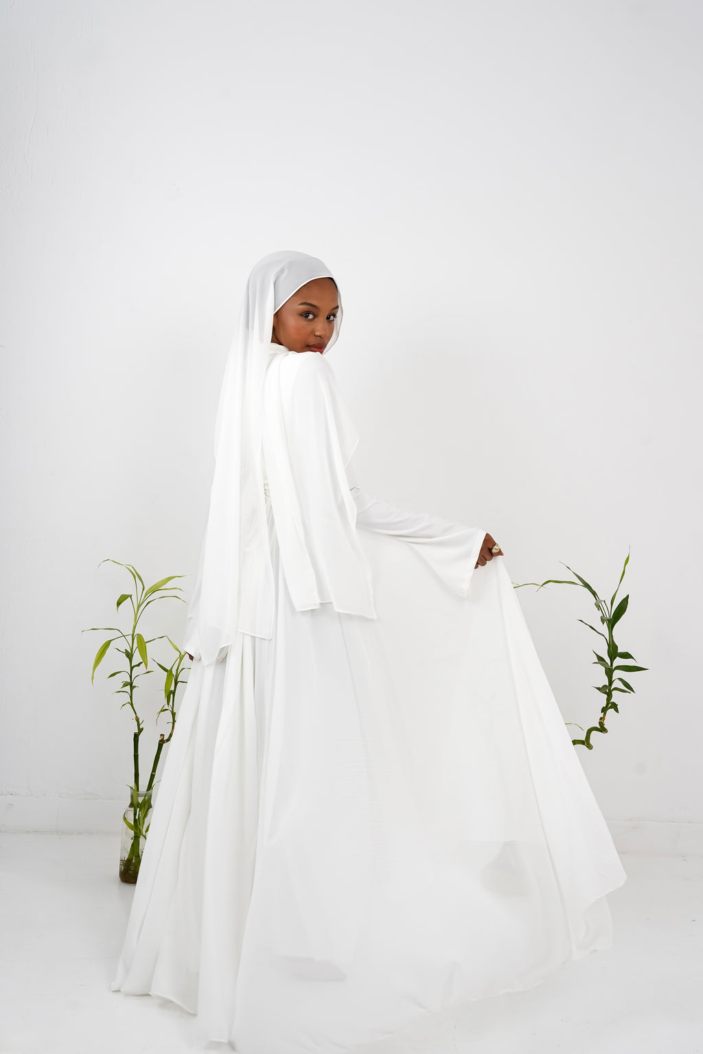 Amwaj gown with shoulder drapes in White with chest cover