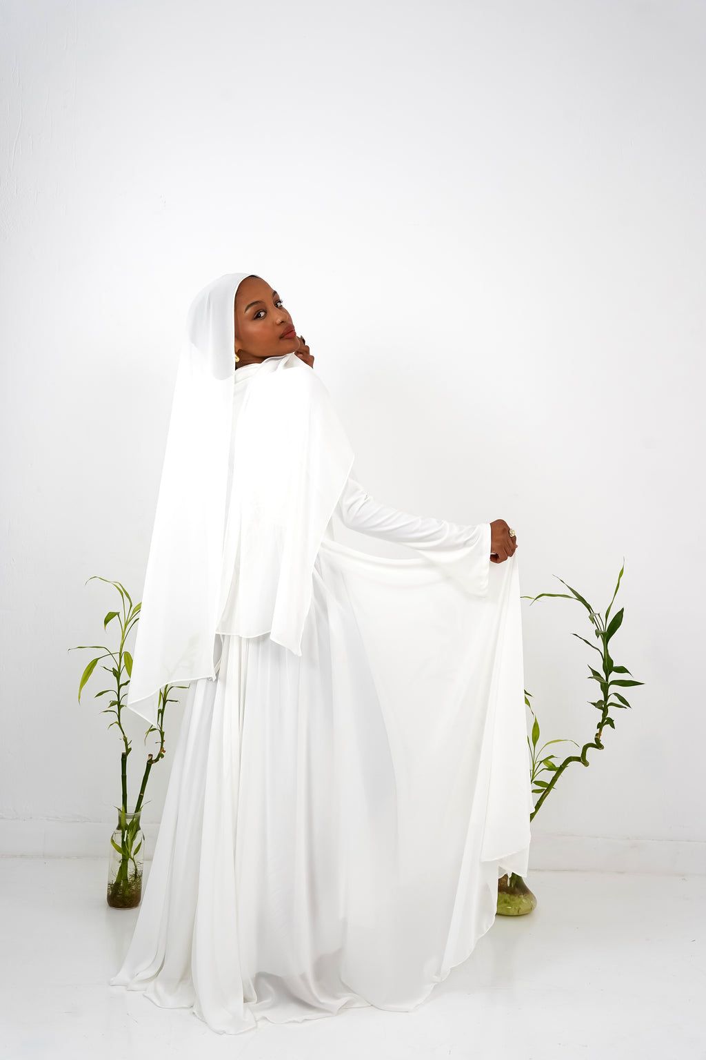 Amwaj gown with shoulder drapes in White with chest cover