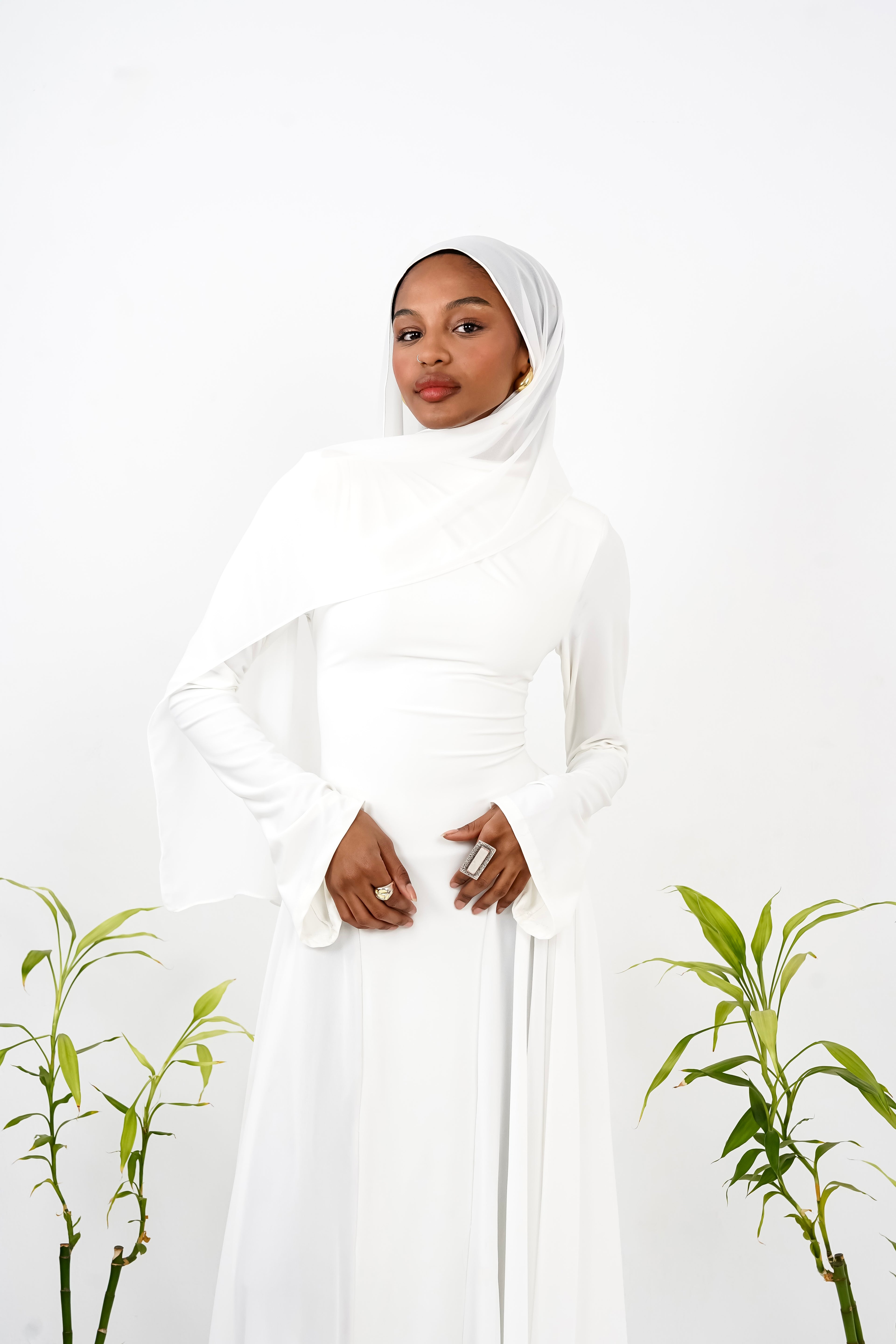 Amwaj gown with shoulder drapes in White with chest cover