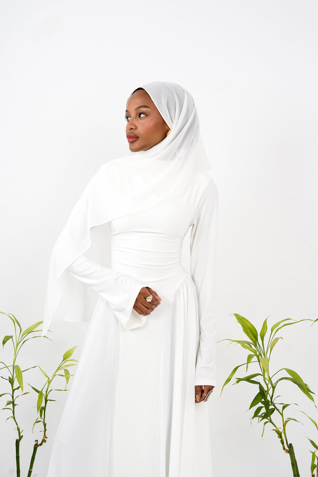 Amwaj gown with shoulder drapes in White with chest cover