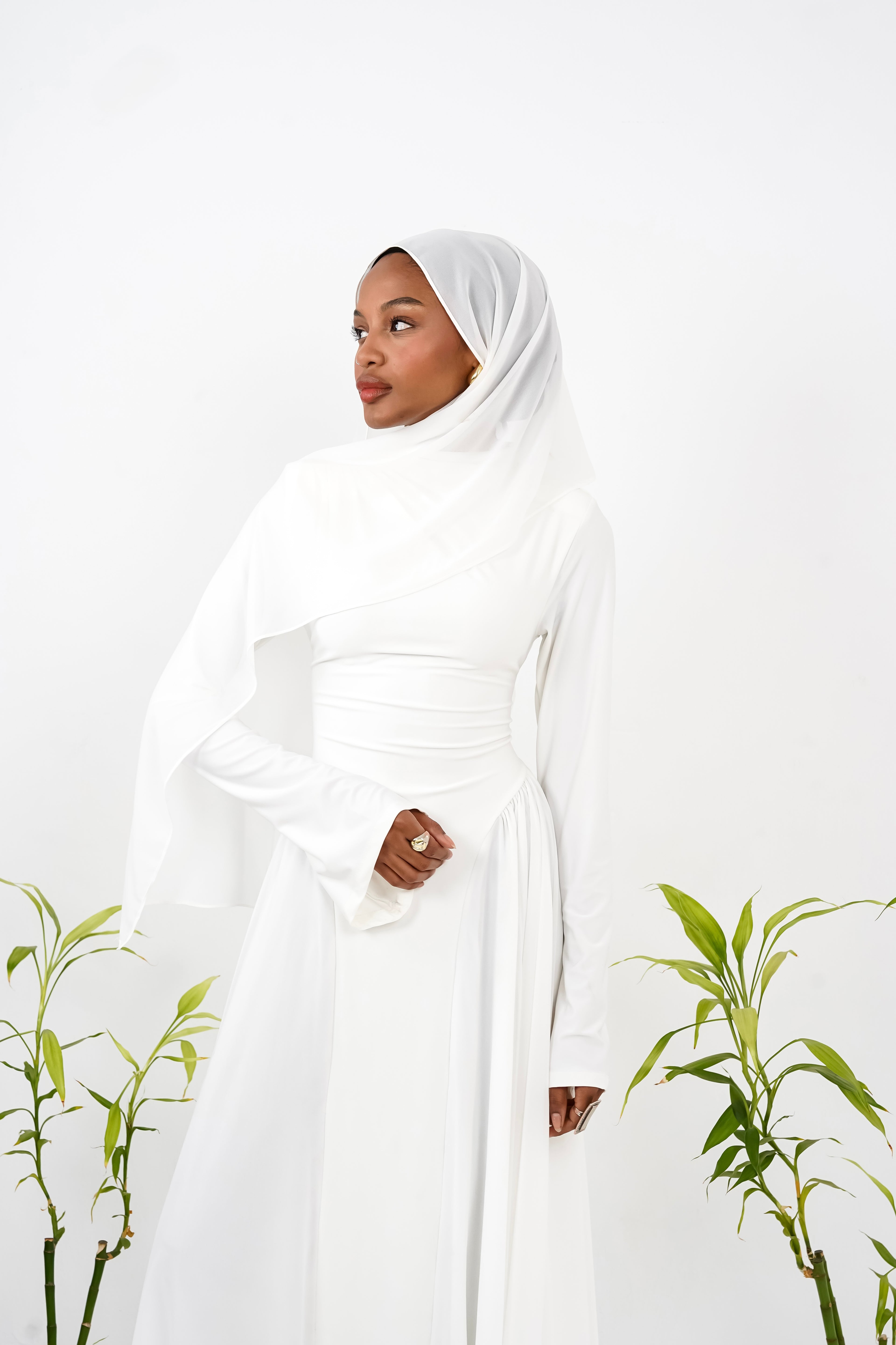 Amwaj gown with shoulder drapes in White with chest cover