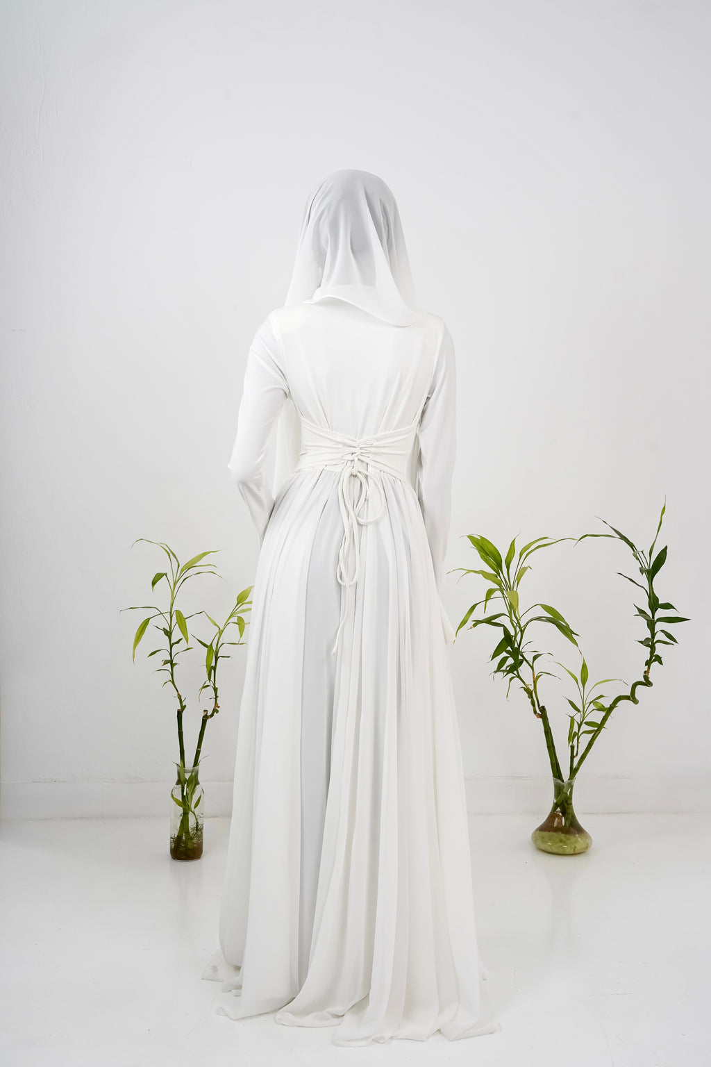 Amwaj gown with shoulder drapes in White with chest cover
