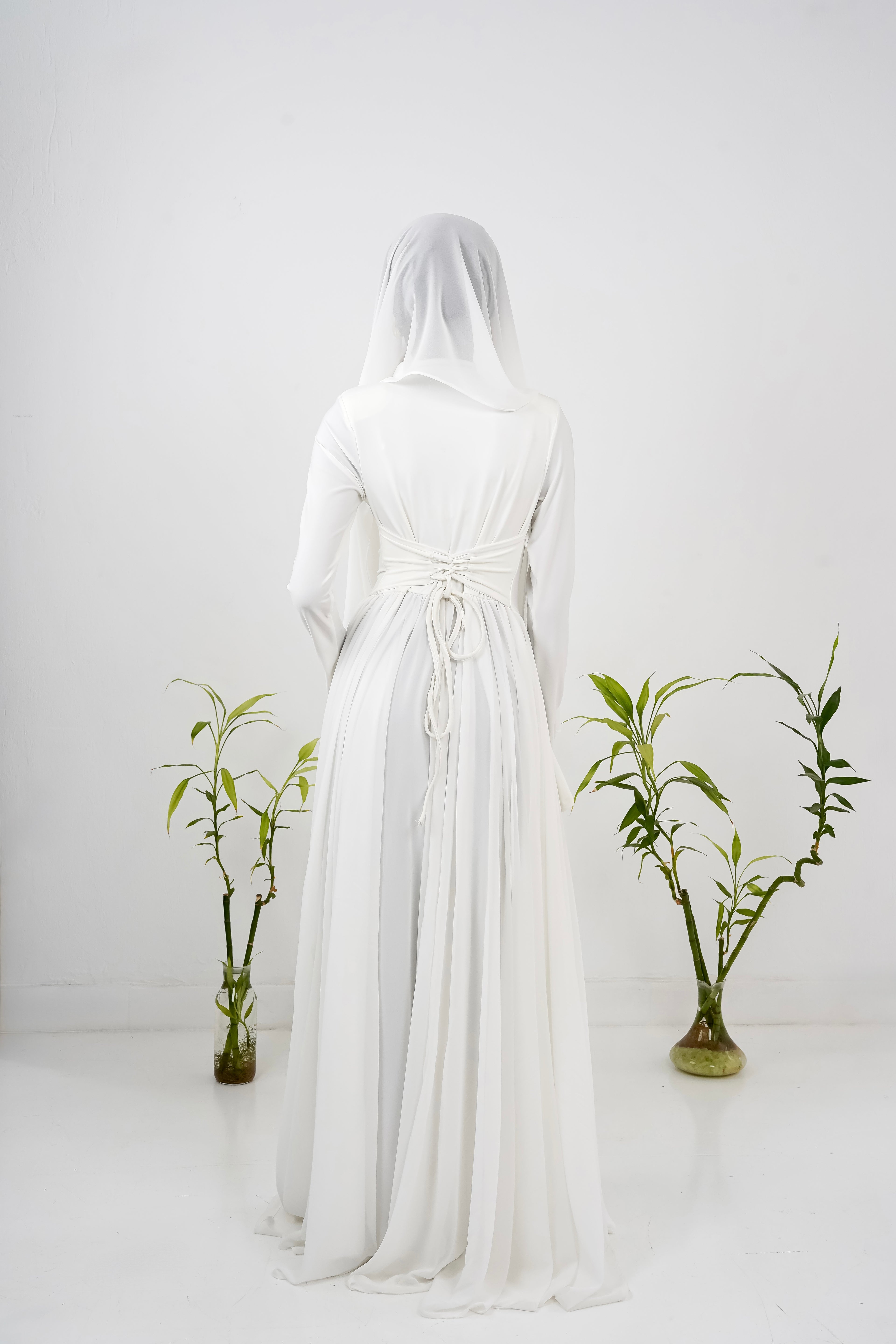 Amwaj gown with shoulder drapes in White with chest cover