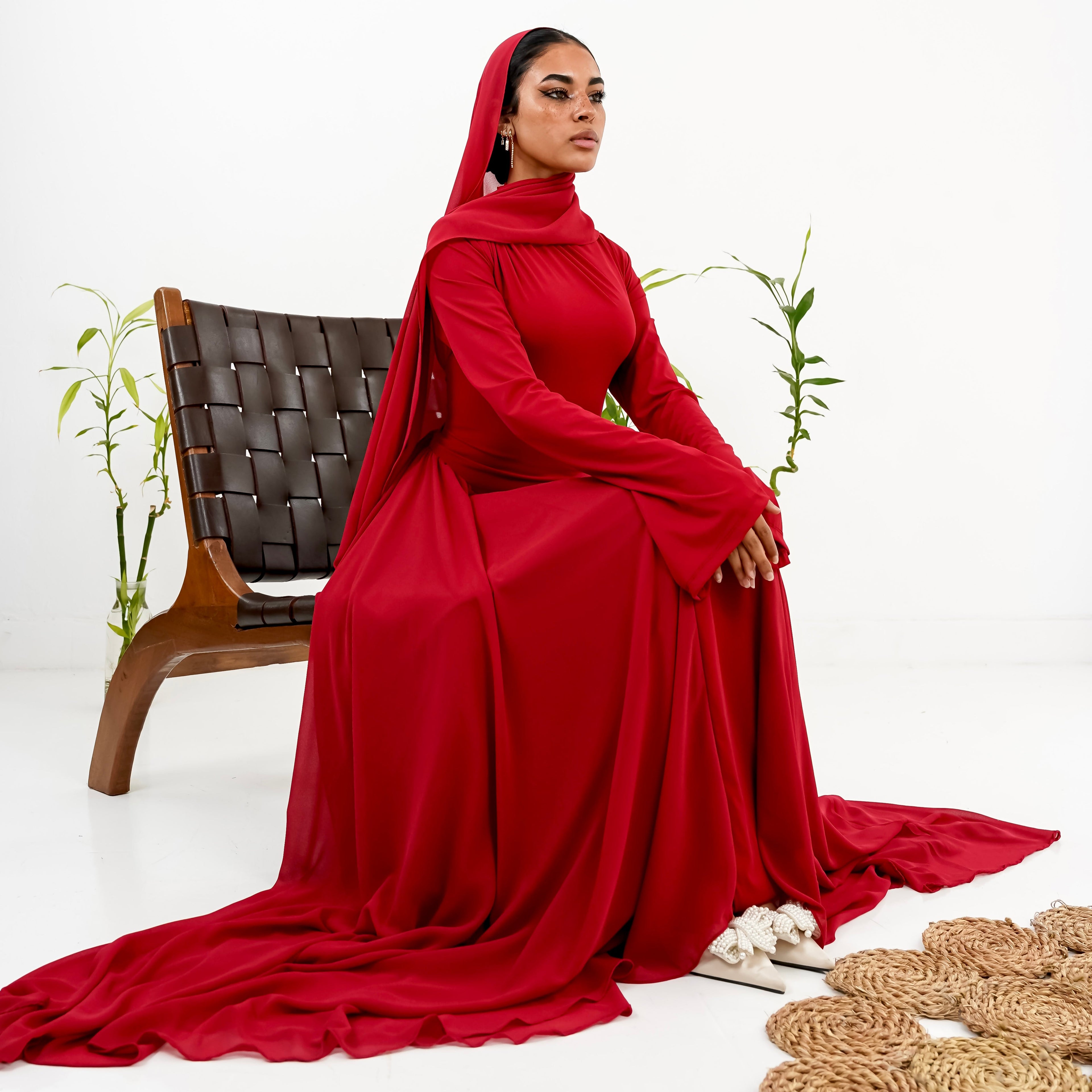 Amwaj gown with shoulder drappes in Dark red with chest cover