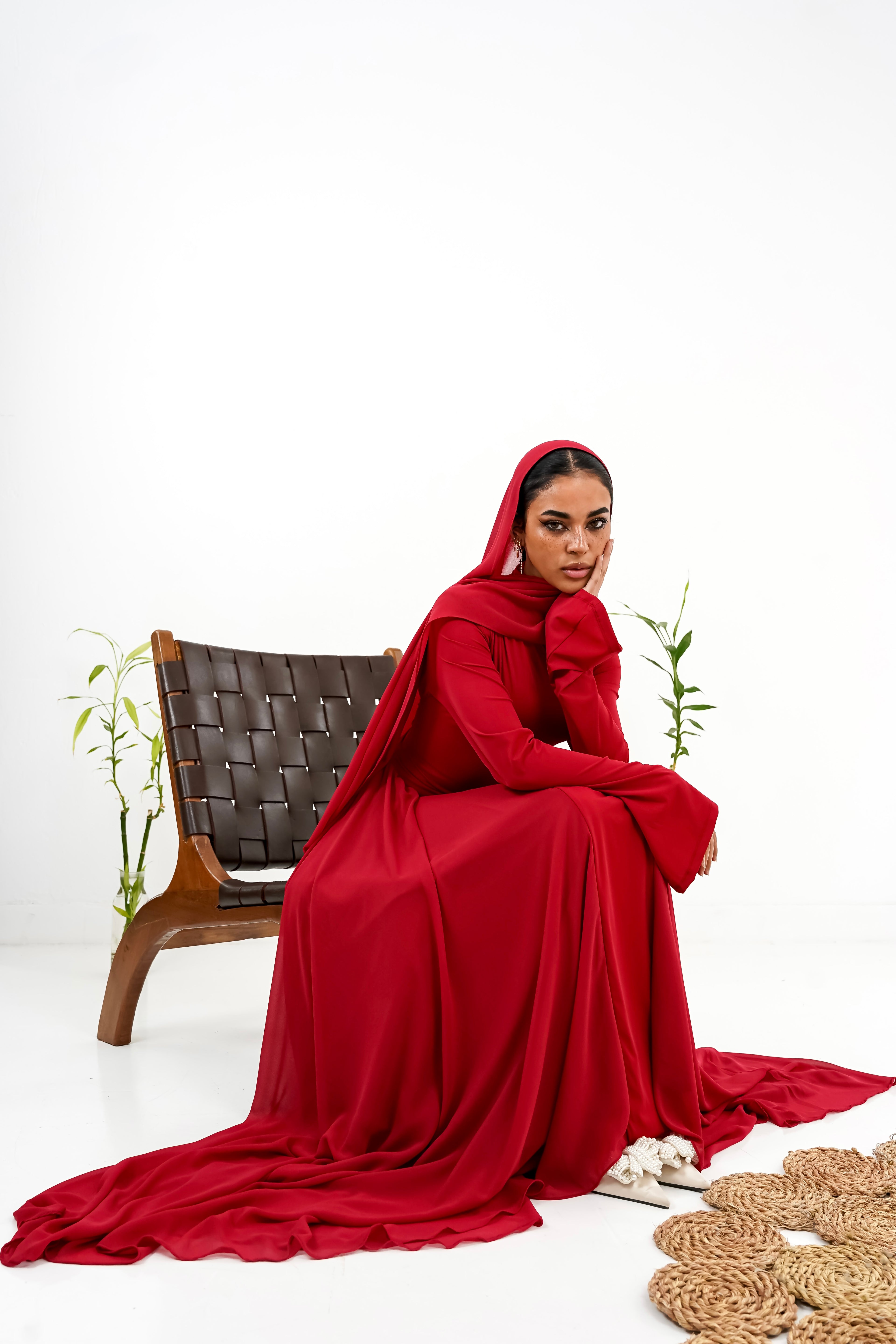 Amwaj gown with shoulder drappes in Dark red with chest cover